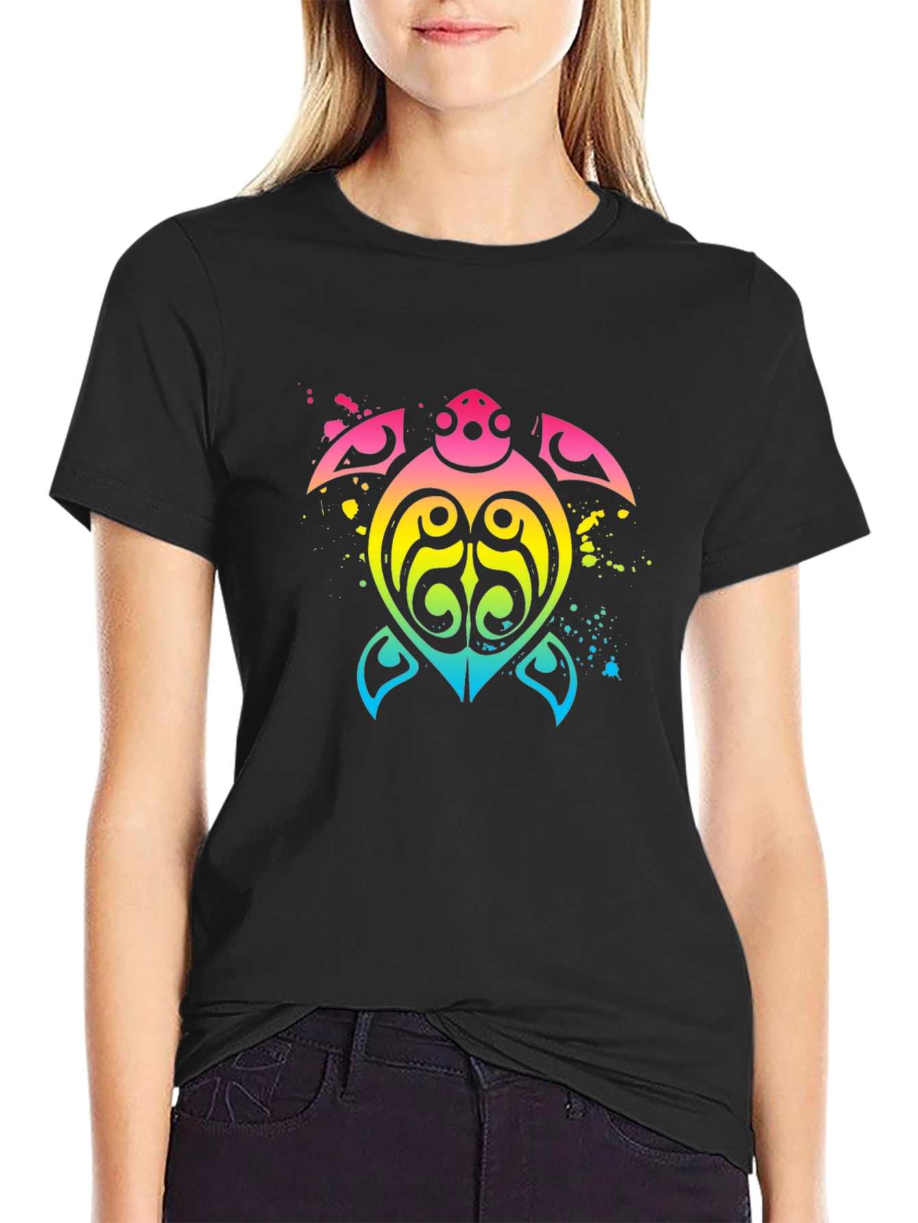 Rainbow Tribal Turtle Black T-Shirt