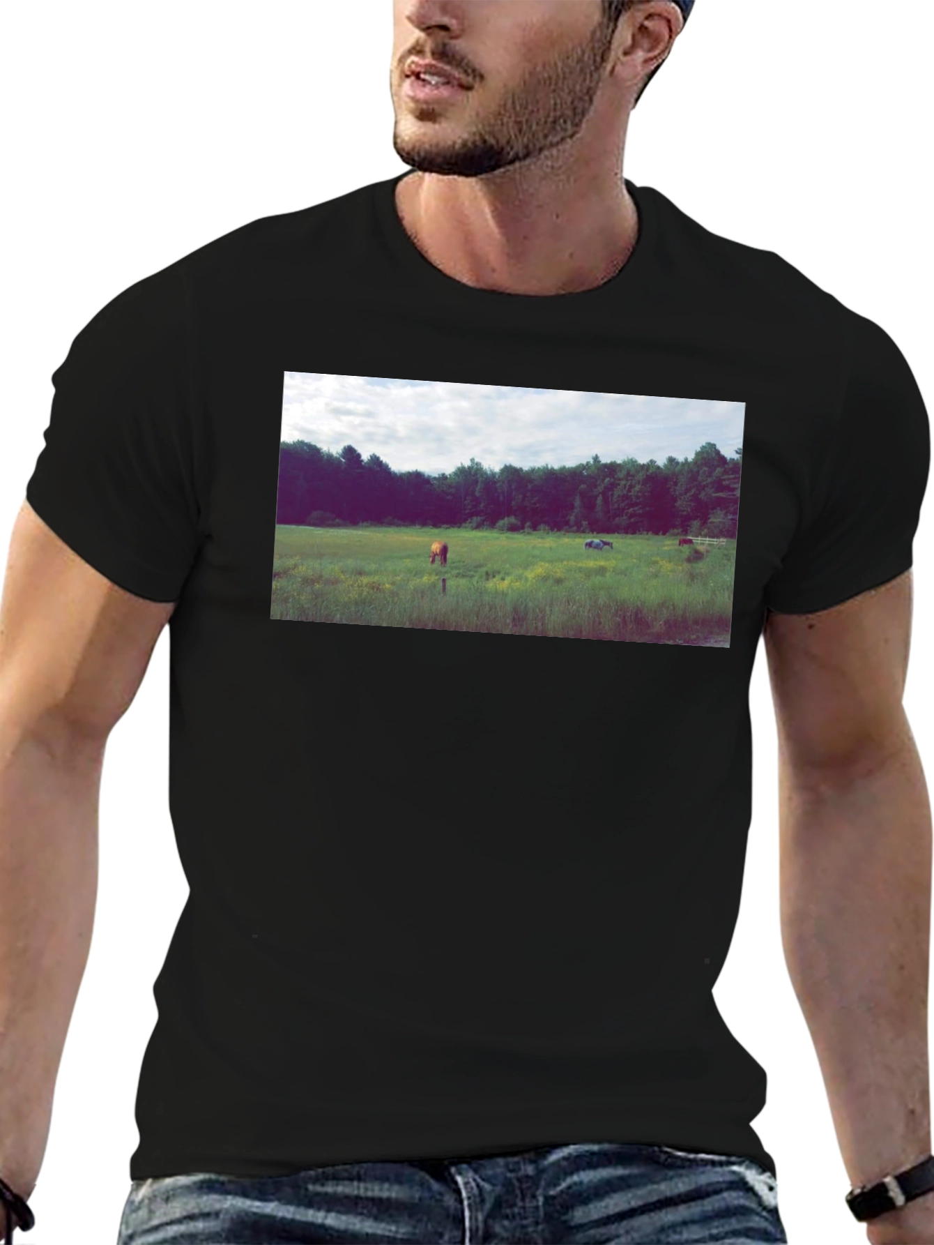 Black Tee with Scenic Meadow Graphic