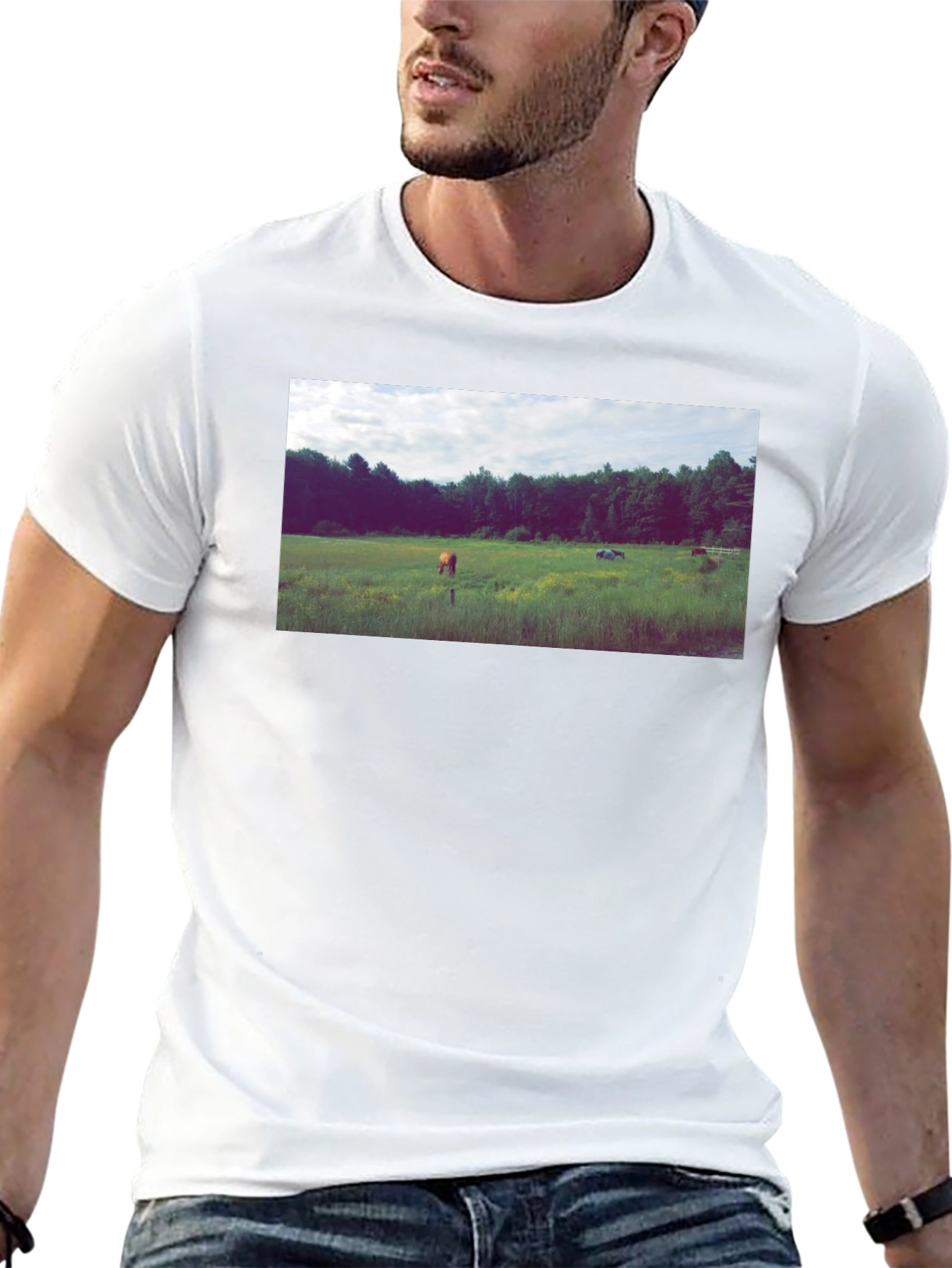 Black Tee with Scenic Meadow Graphic