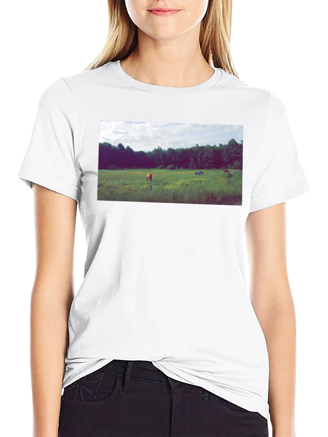 Black Tee with Scenic Meadow Graphic