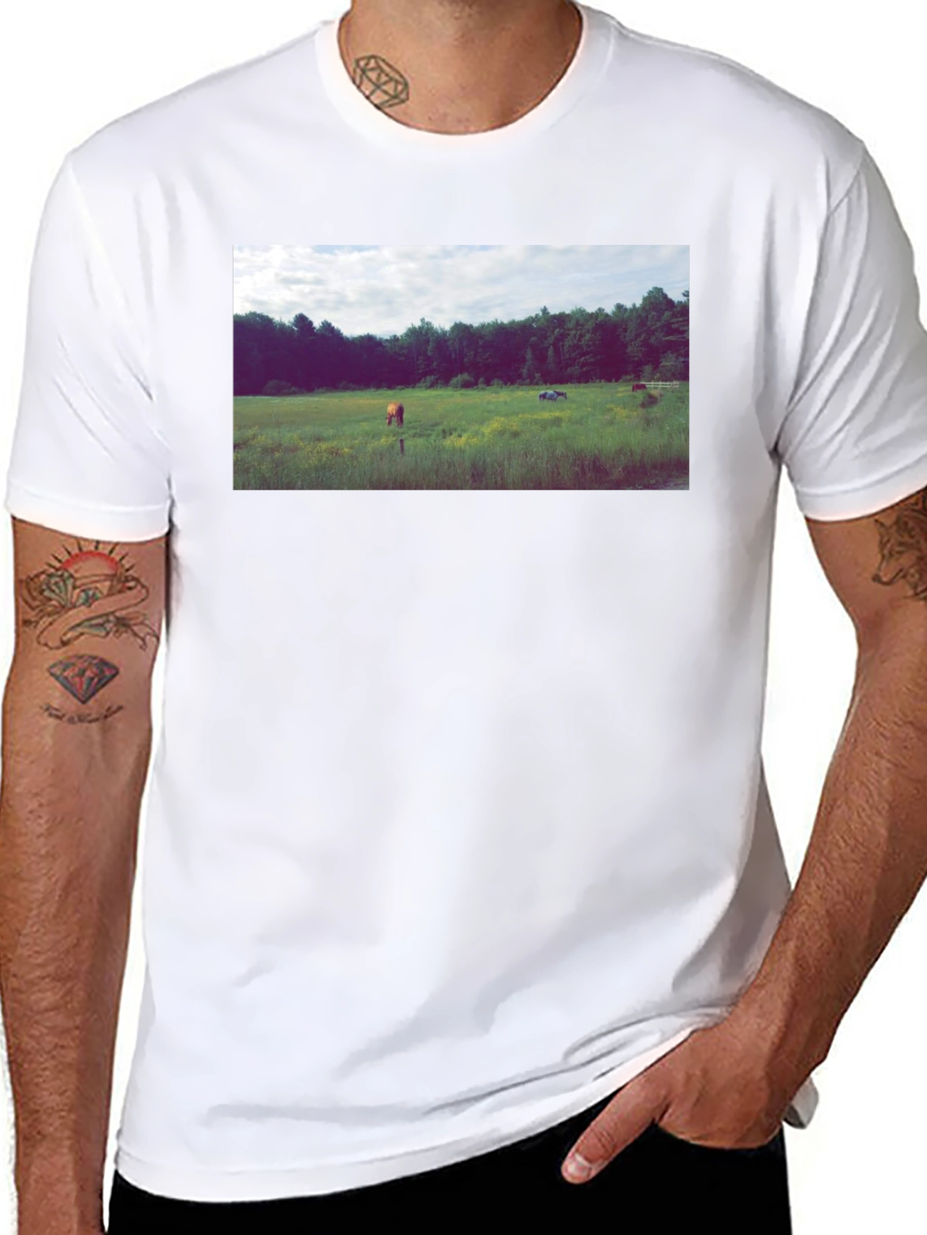 Black Tee with Scenic Meadow Graphic