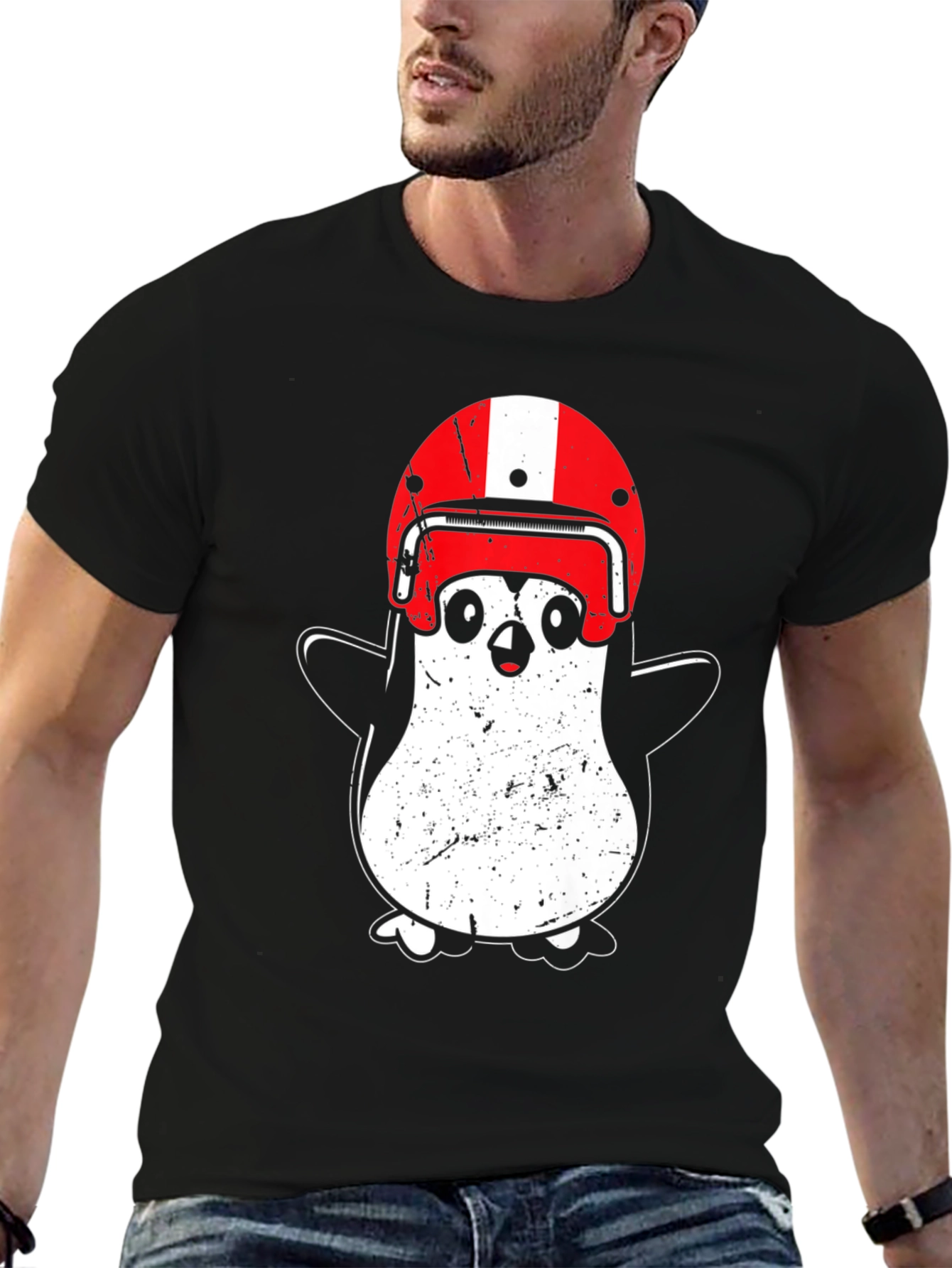 Penguin Helmet T-Shirt - Black Cotton Graphic Tee