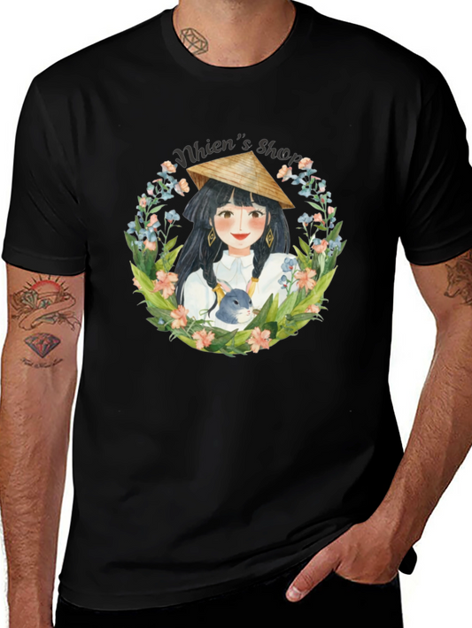 Whimsical Girl with Rabbit Black T-Shirt