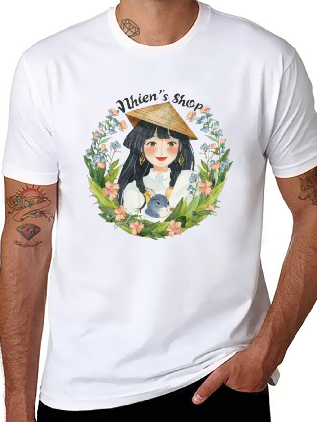 Whimsical Girl with Rabbit Black T-Shirt