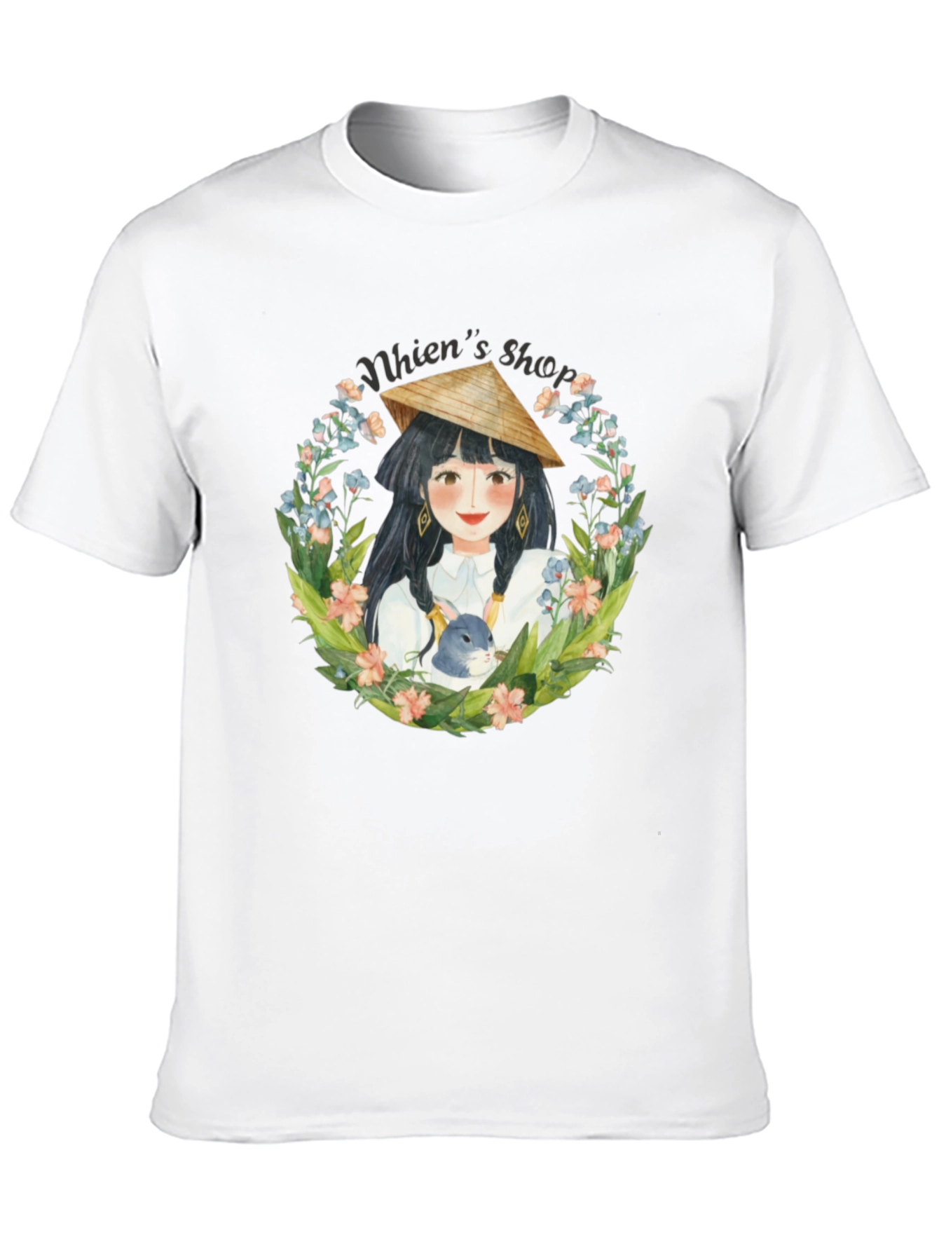 Whimsical Girl with Rabbit Black T-Shirt