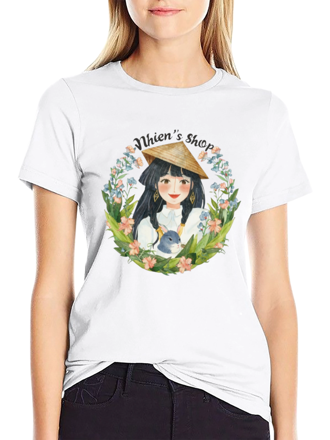 Whimsical Girl with Rabbit Black T-Shirt