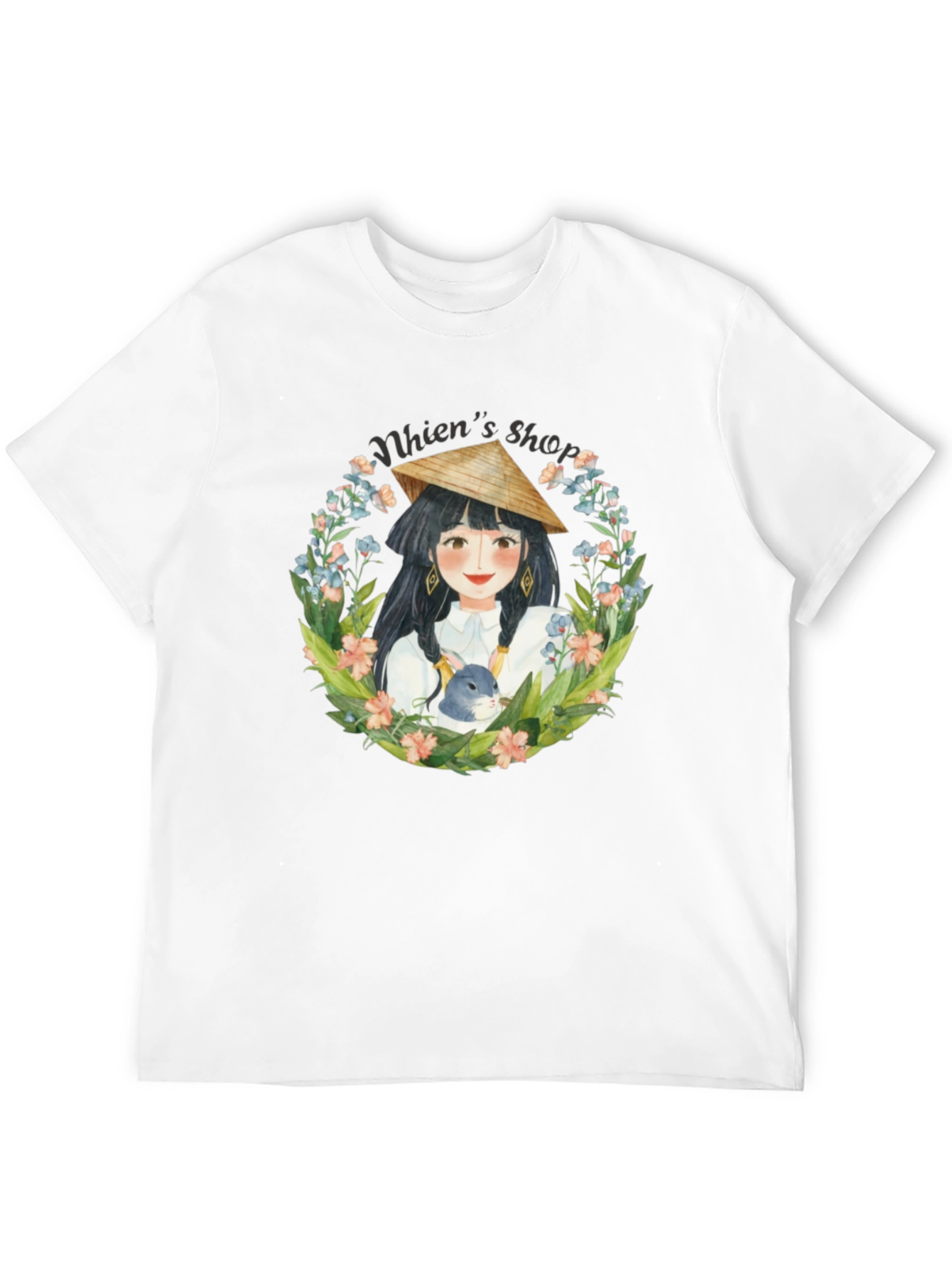 Whimsical Girl with Rabbit Black T-Shirt