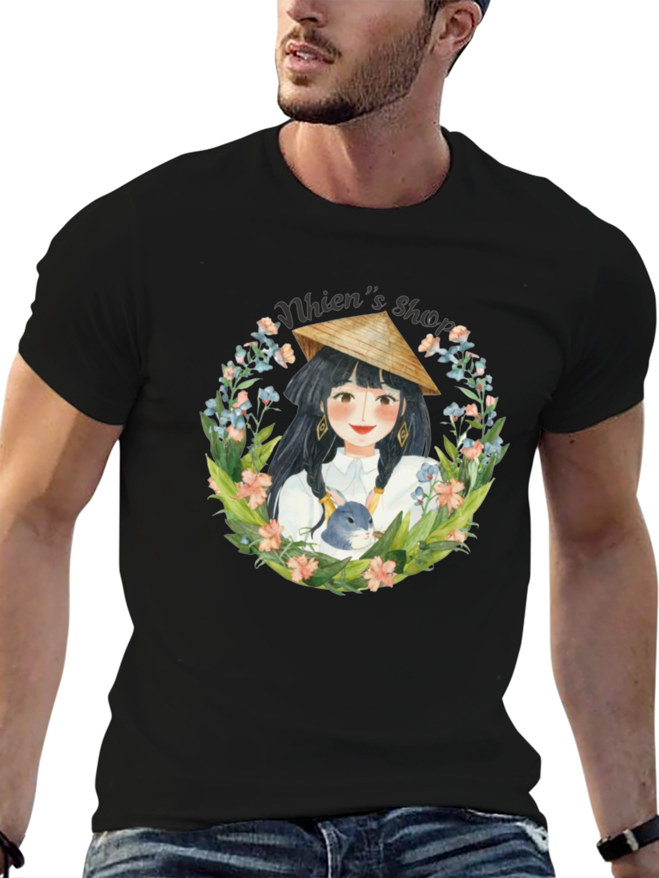 Whimsical Girl with Rabbit Black T-Shirt