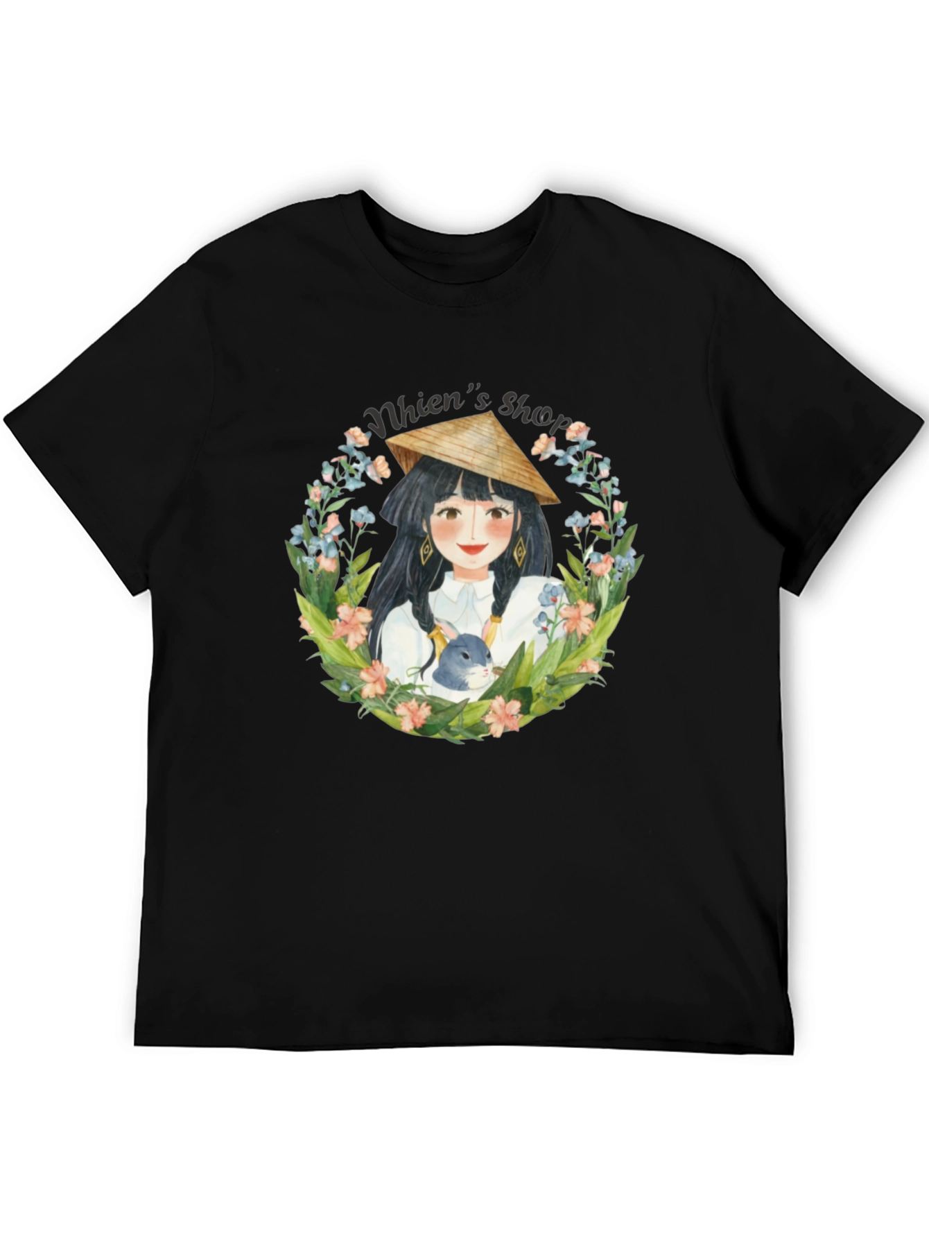 Whimsical Girl with Rabbit Black T-Shirt