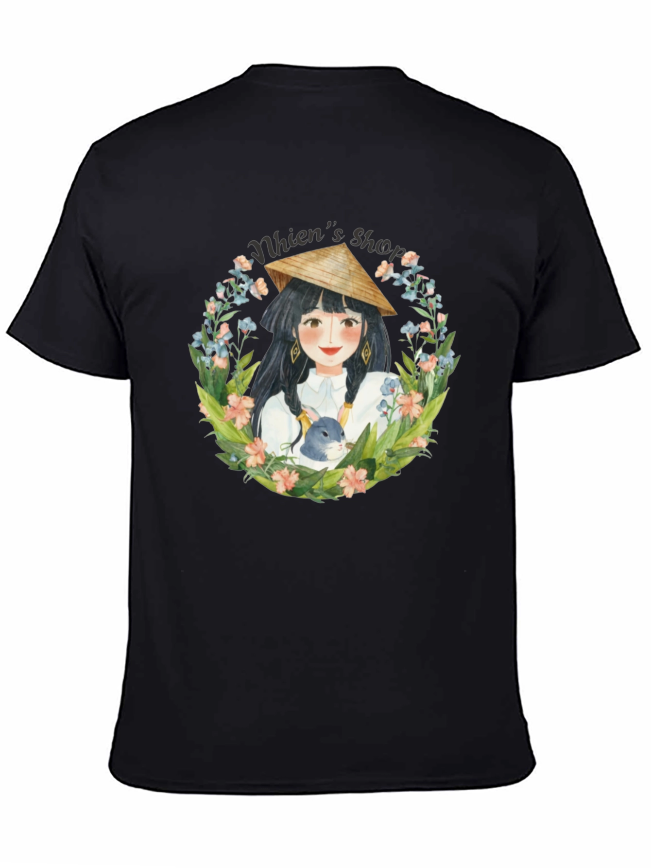 Whimsical Girl with Rabbit Black T-Shirt