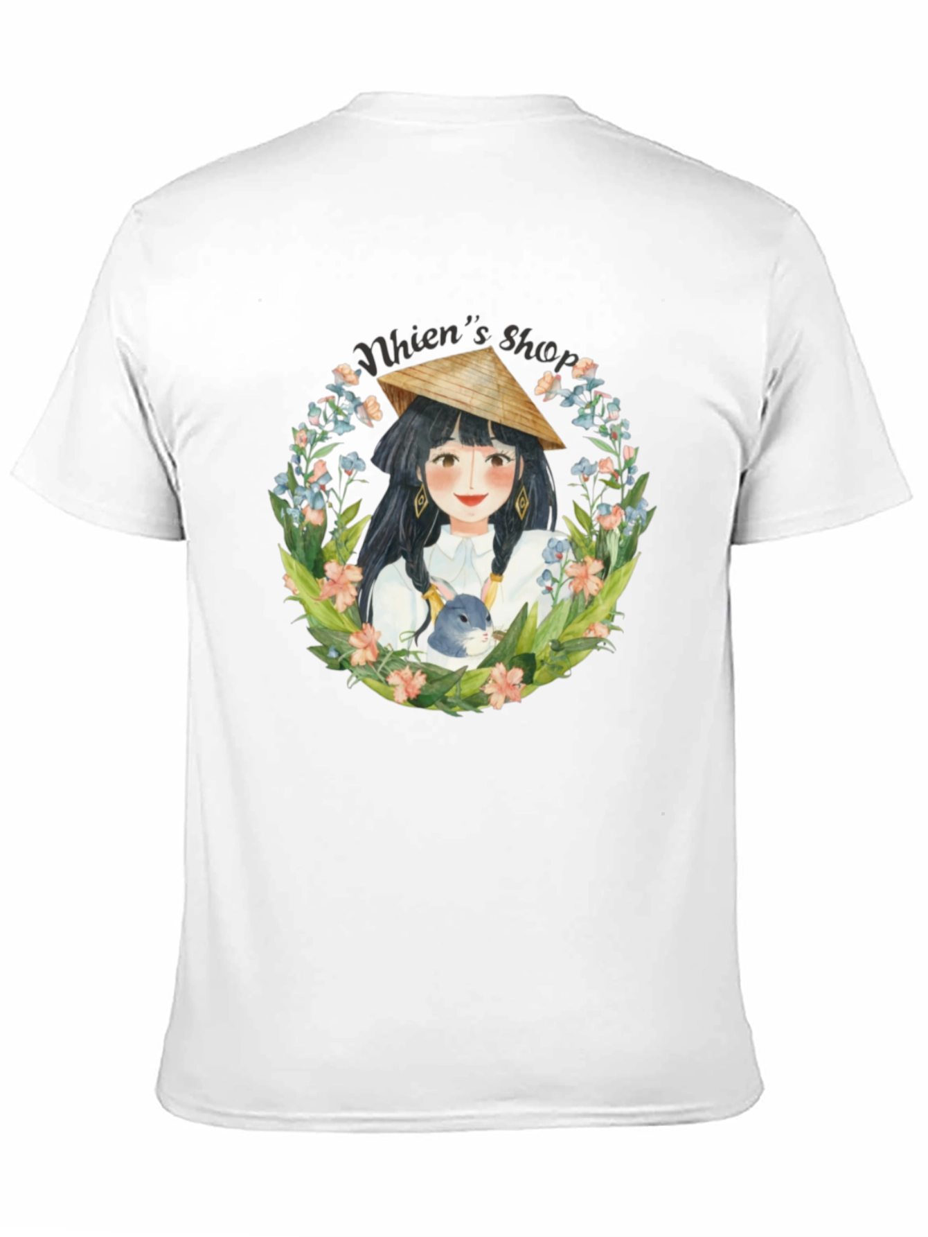 Whimsical Girl with Rabbit Black T-Shirt