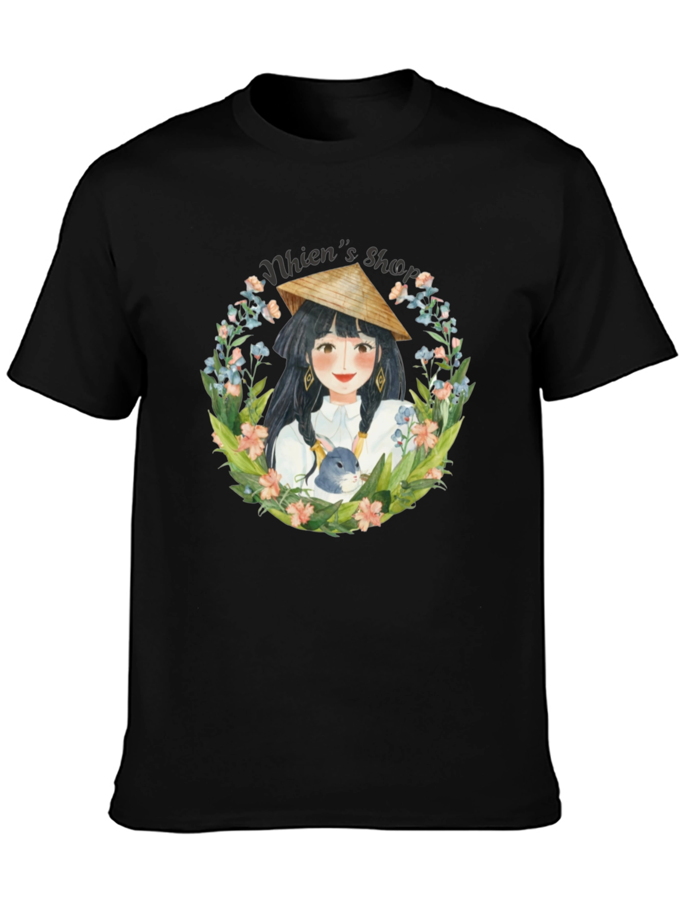 Whimsical Girl with Rabbit Black T-Shirt