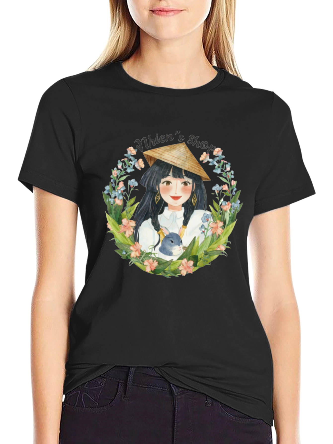 Whimsical Girl with Rabbit Black T-Shirt