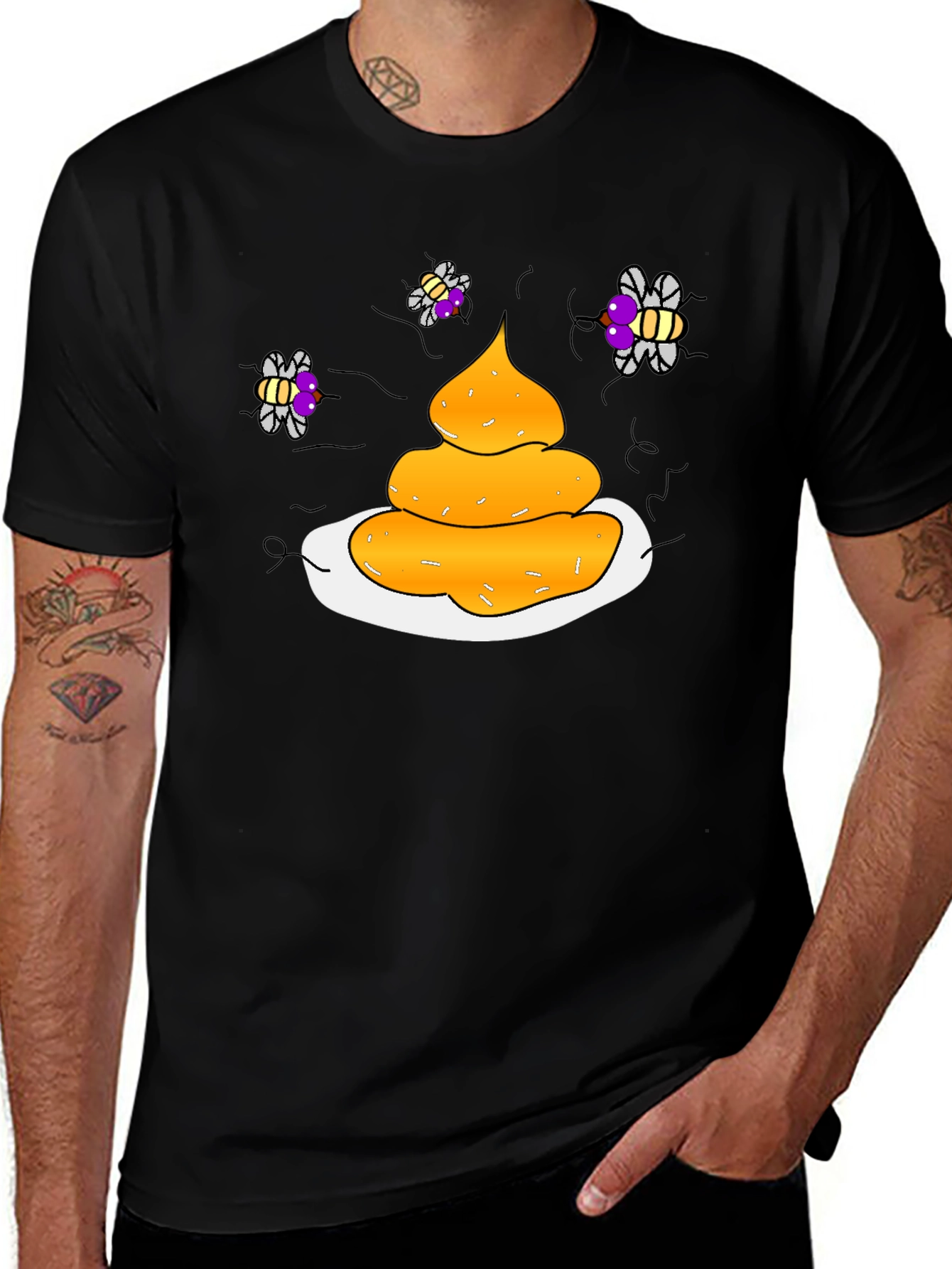 Humorous Black T-Shirt with Poop & Fly Graphic