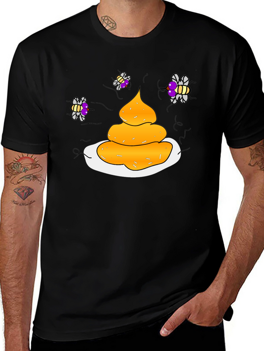Humorous Black T-Shirt with Poop & Fly Graphic