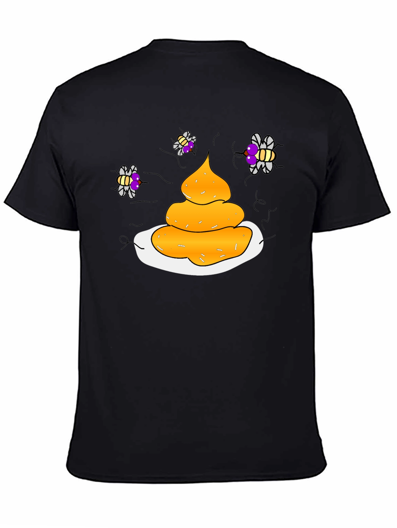 Humorous Black T-Shirt with Poop & Fly Graphic