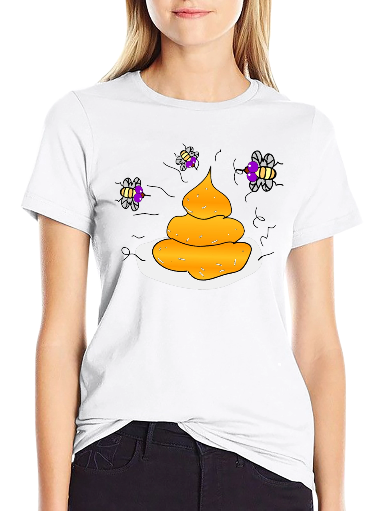 Humorous Black T-Shirt with Poop & Fly Graphic