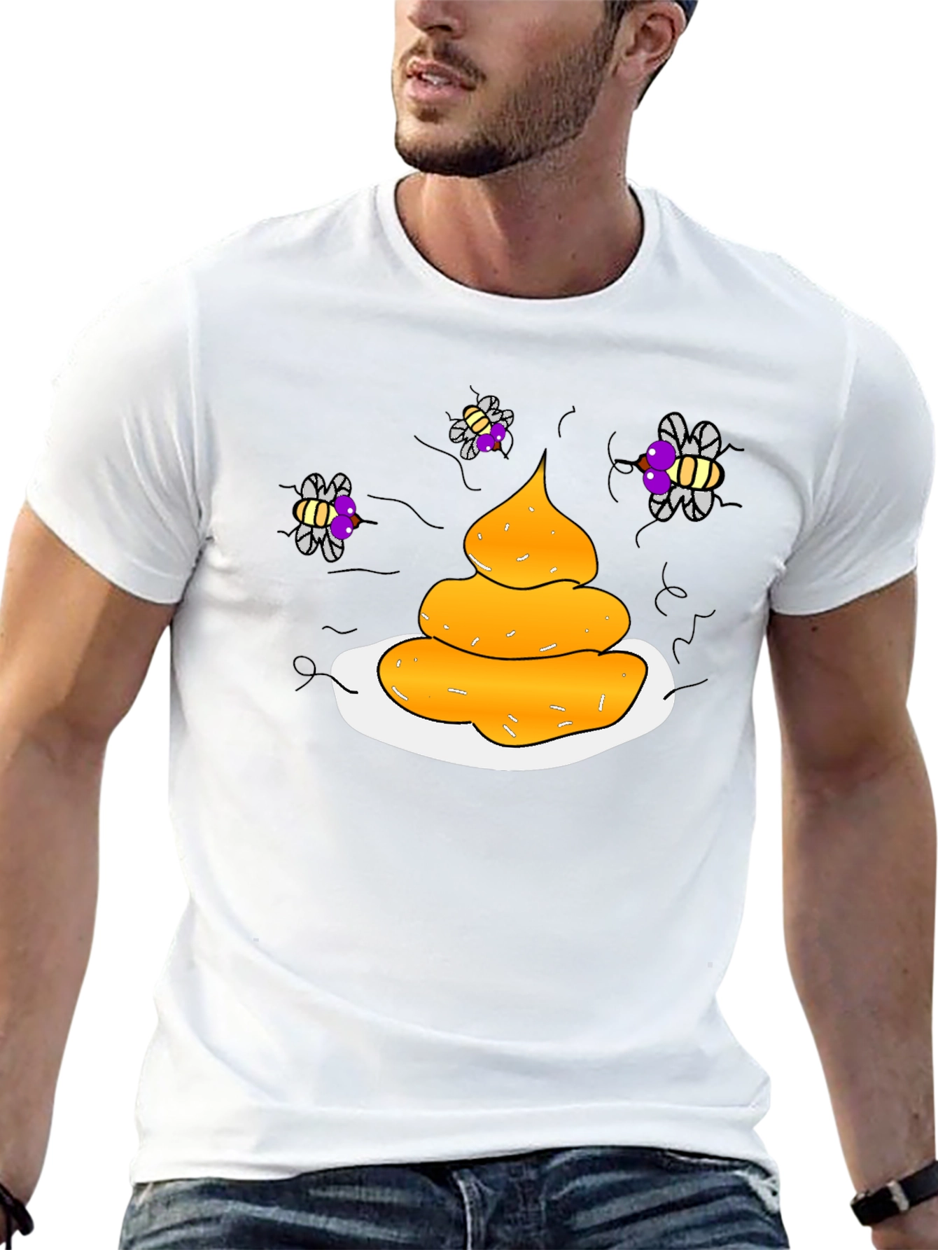 Humorous Black T-Shirt with Poop & Fly Graphic