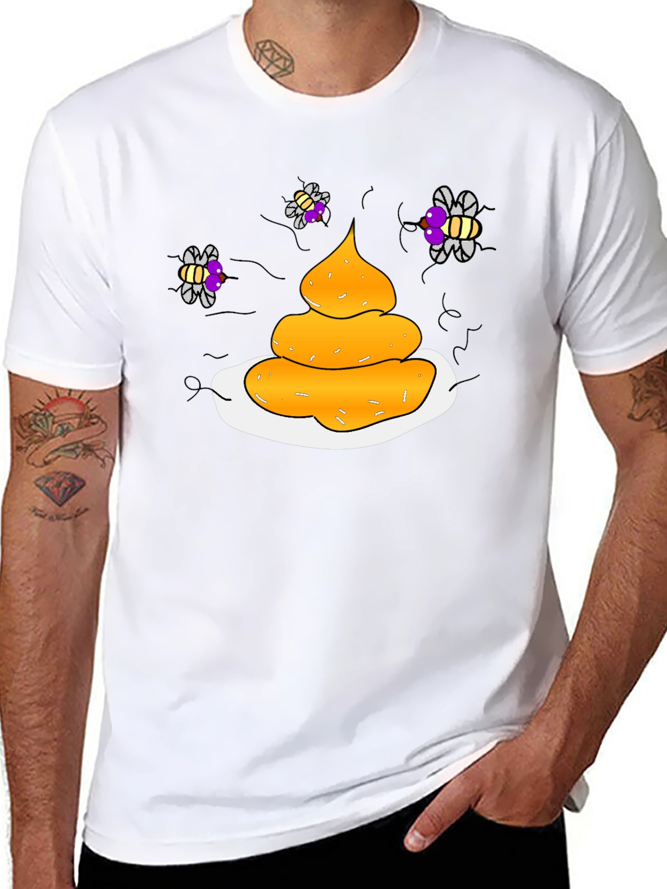 Humorous Black T-Shirt with Poop & Fly Graphic