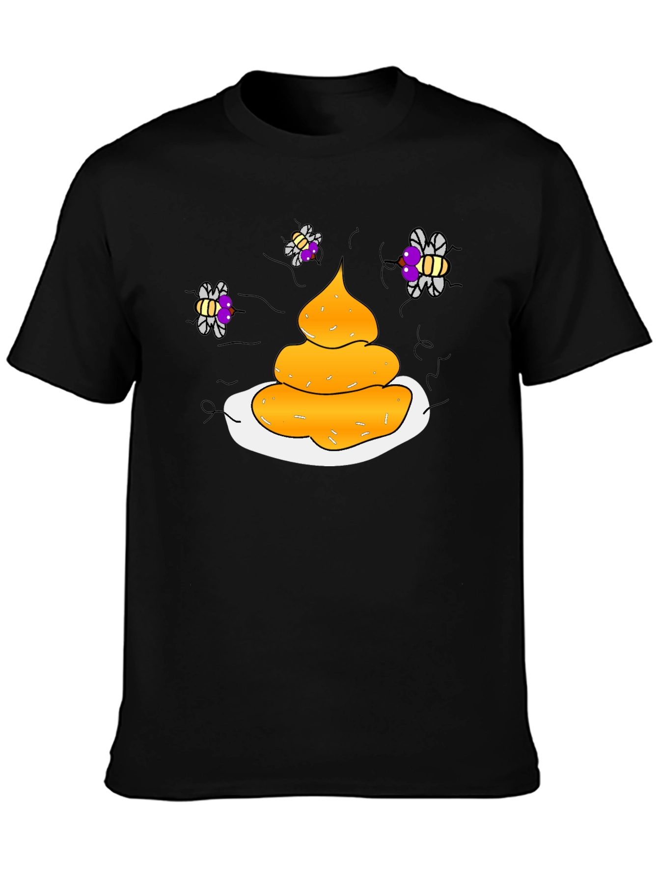 Humorous Black T-Shirt with Poop & Fly Graphic