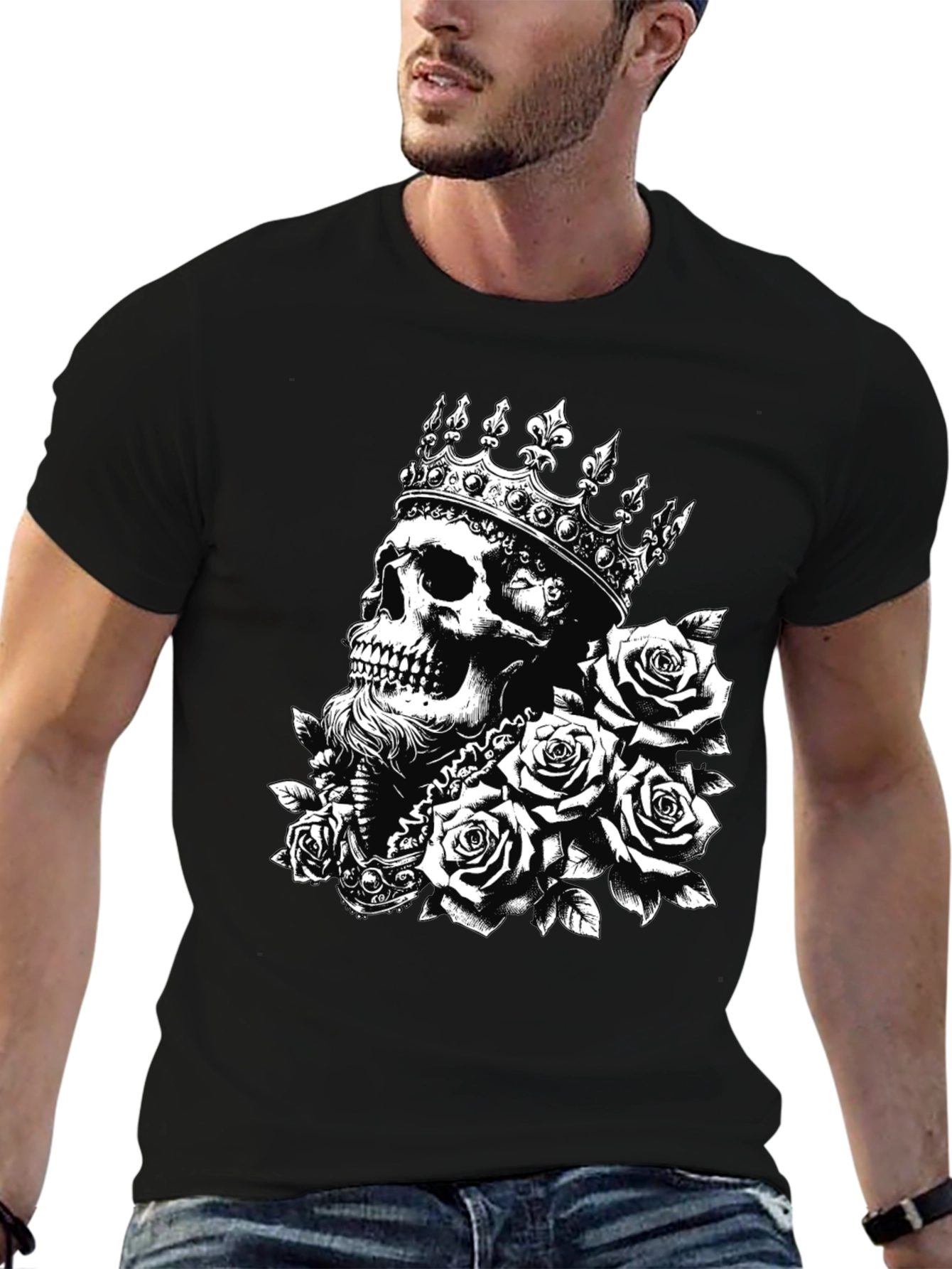 Skull King Roses Graphic Tee - Black Cotton T-Shirt