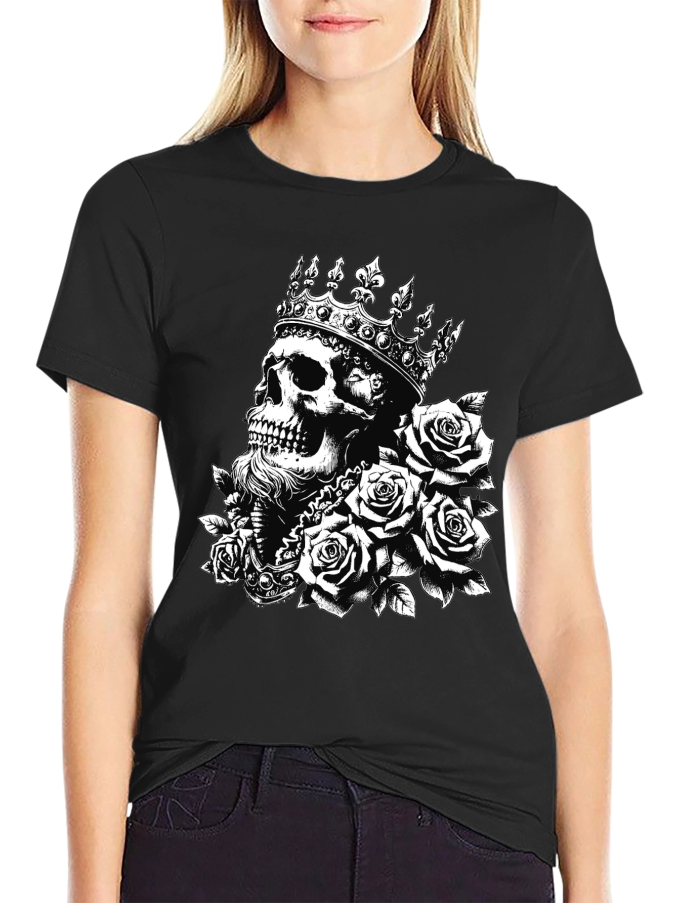 Skull King Roses Graphic Tee - Black Cotton T-Shirt