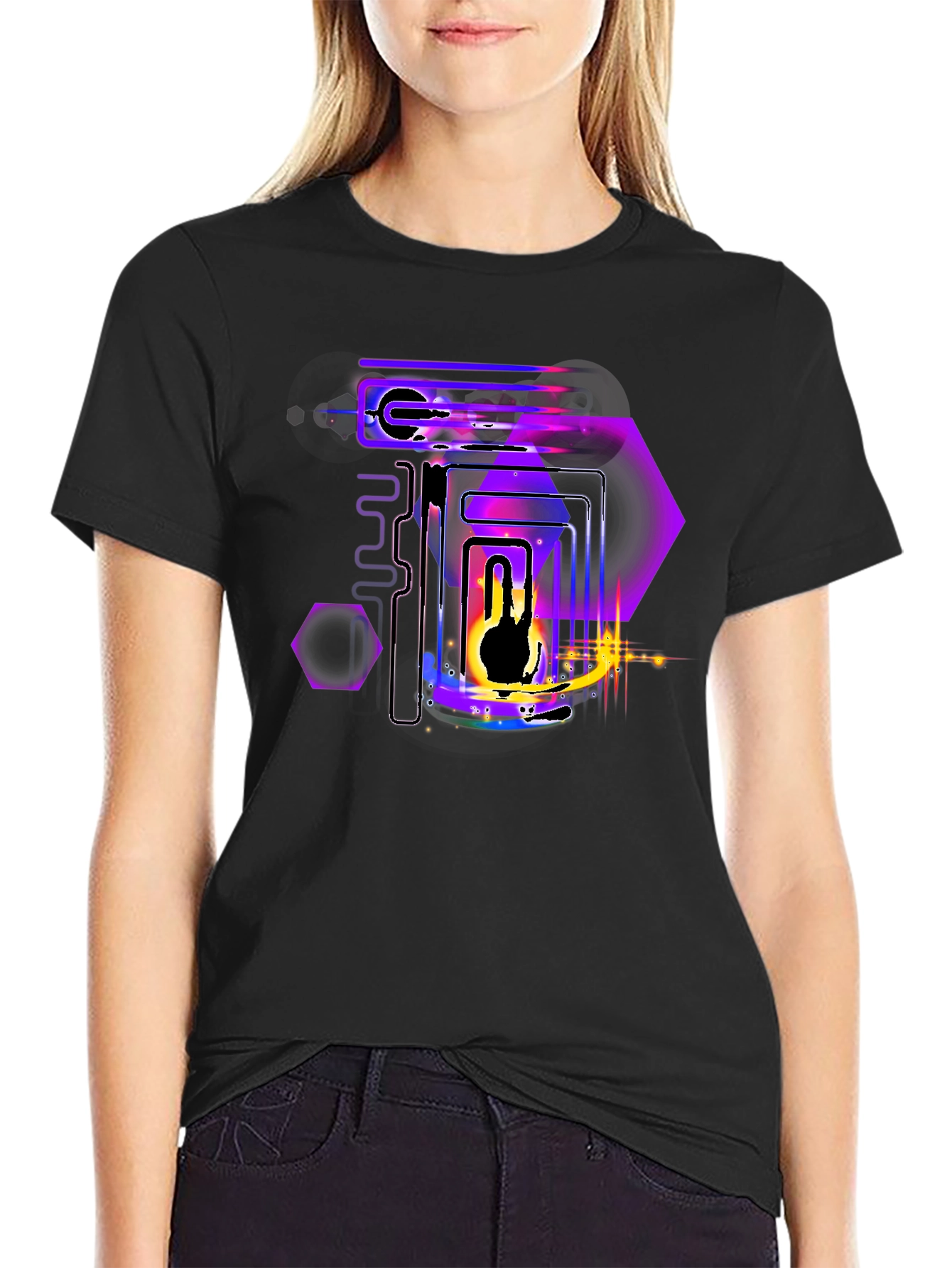 Abstract Neon Graphic Print Black T-Shirt