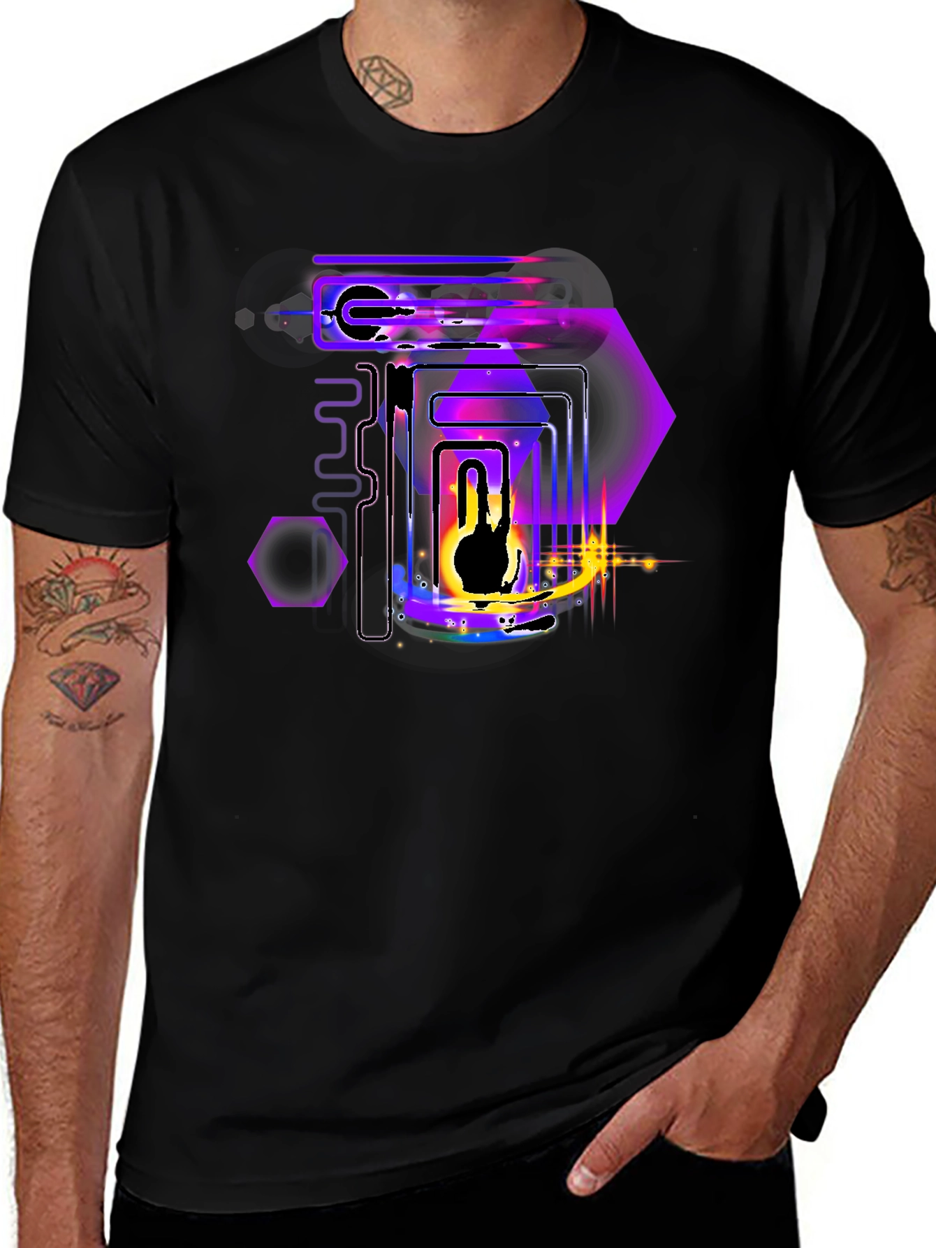 Abstract Neon Graphic Print Black T-Shirt