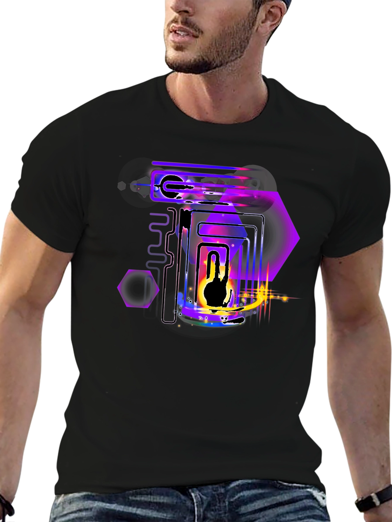 Abstract Neon Graphic Print Black T-Shirt