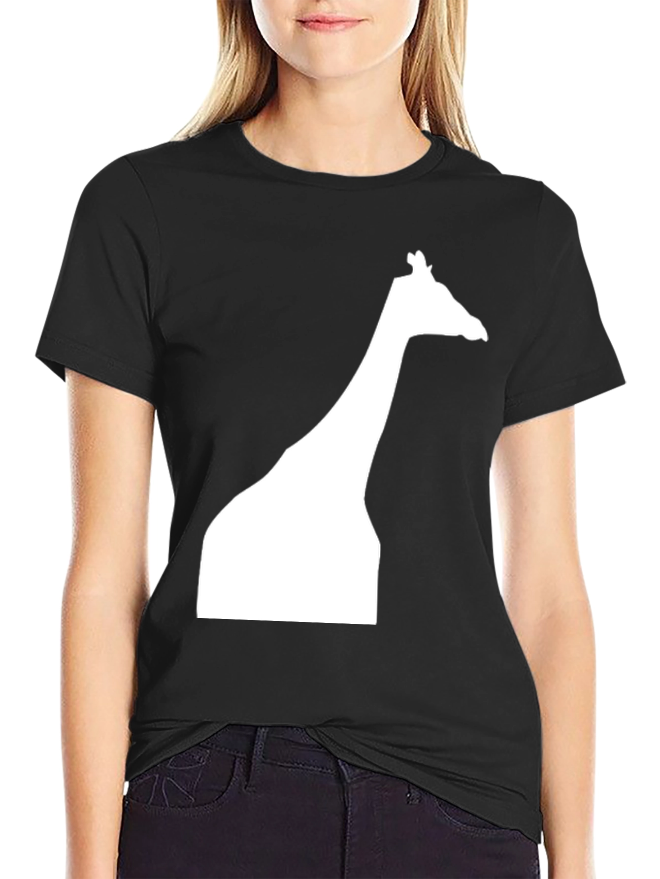 Giraffe Silhouette Graphic Tee - Black Cotton Casual Shirt