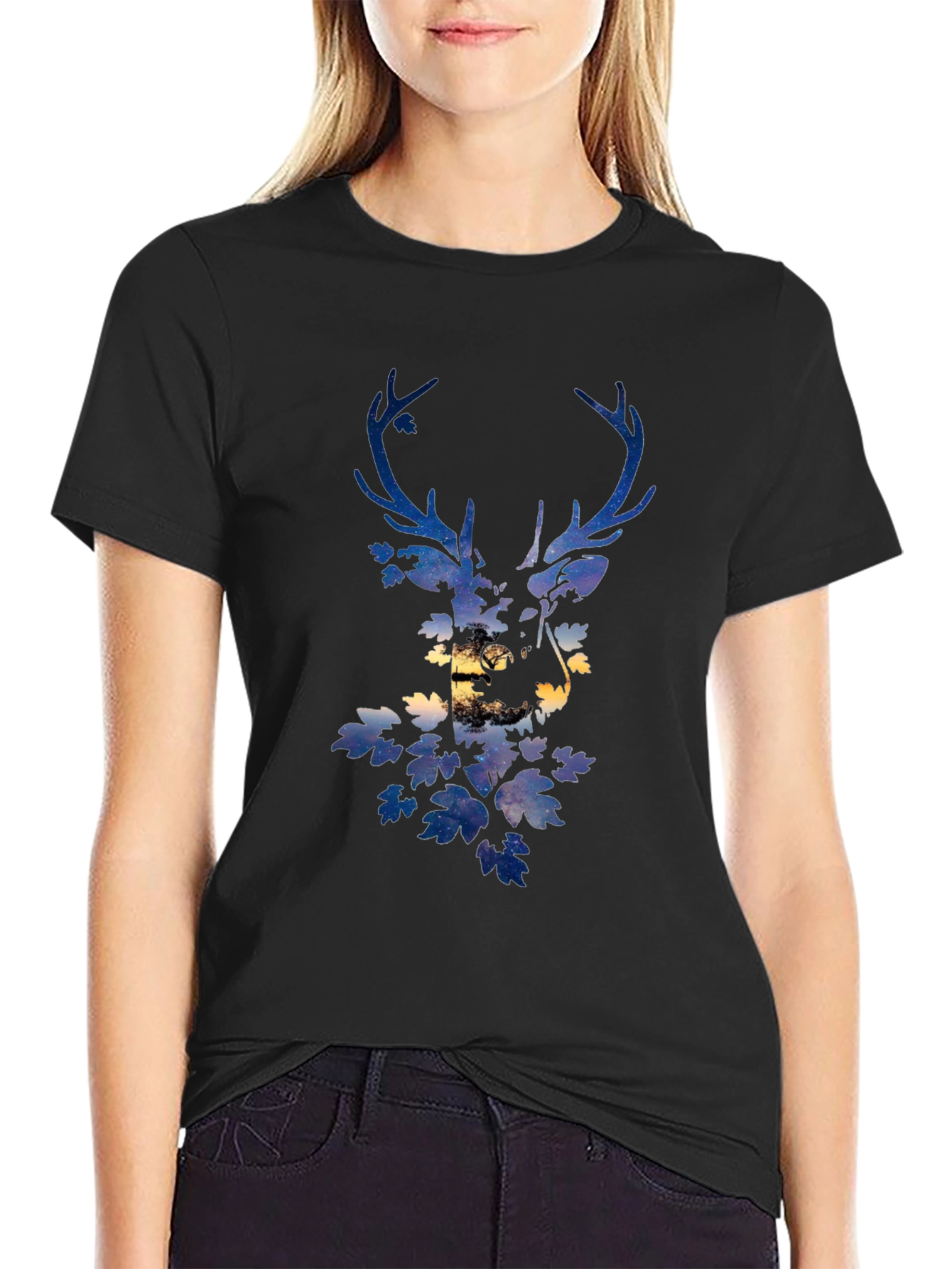 Deer Silhouette Graphic Print Black T-Shirt