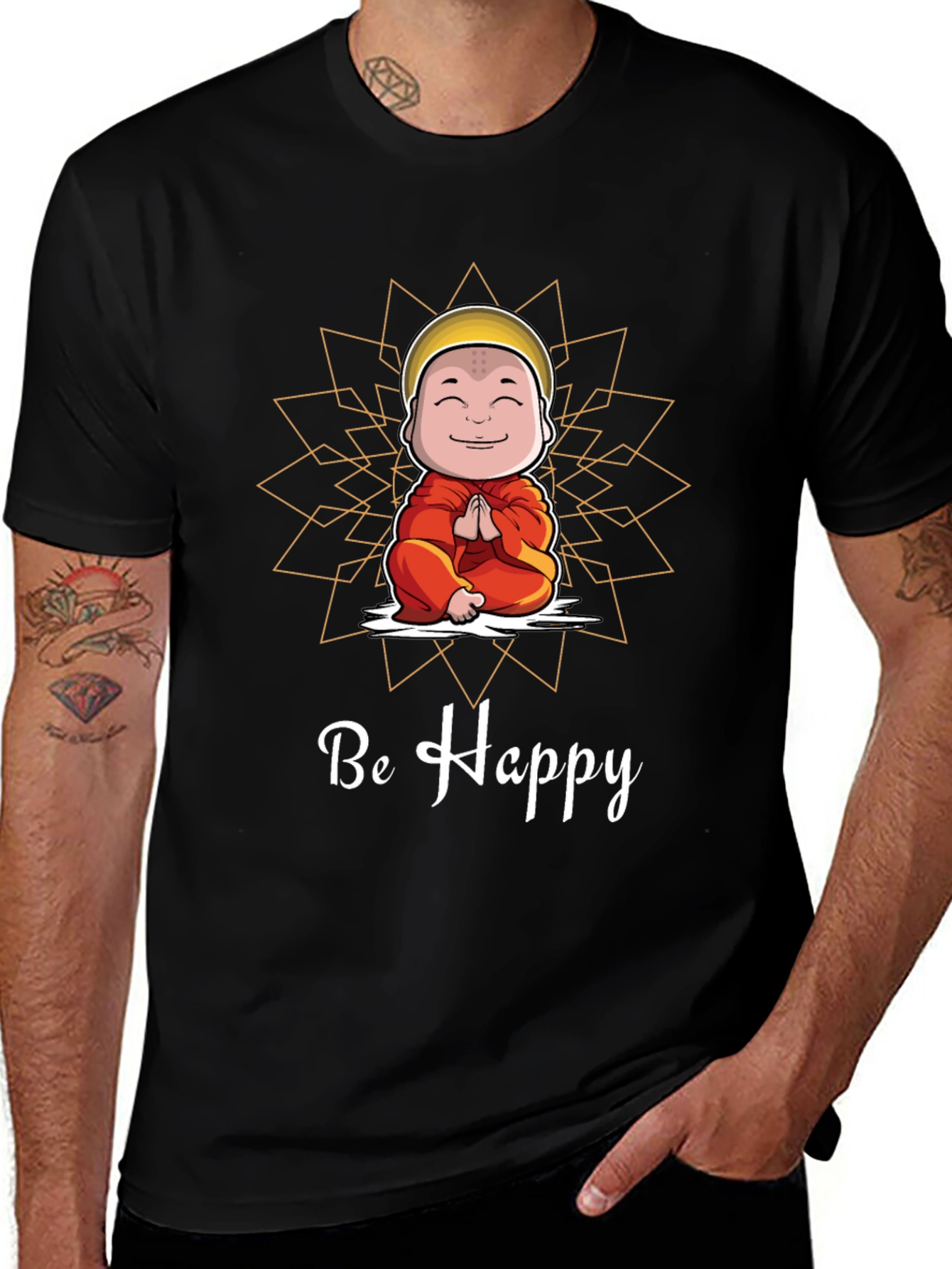 Be Happy Monk Graphic Tee -  Unisex Black T-Shirt