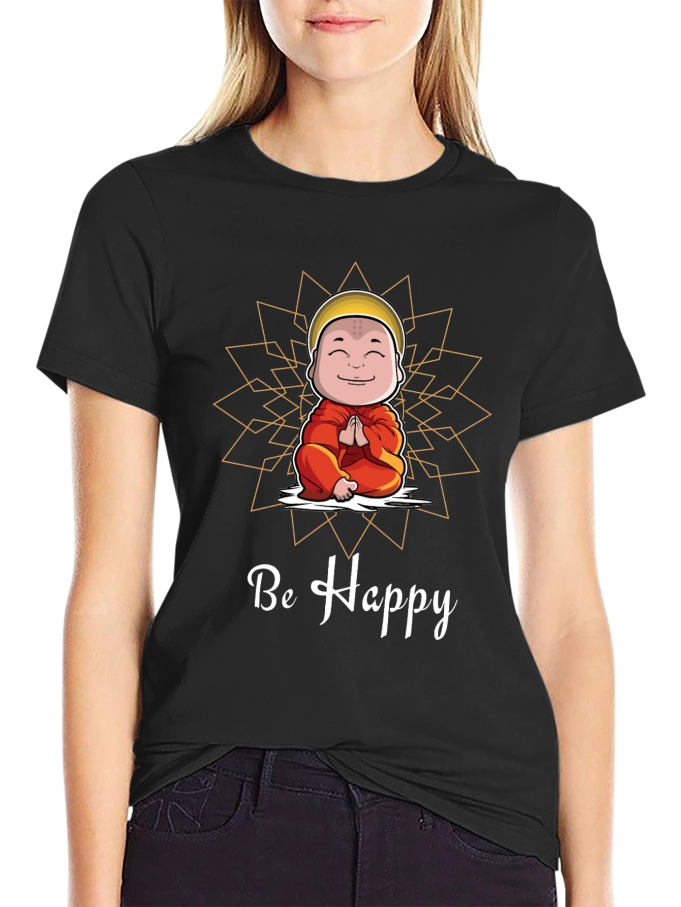 Be Happy Monk Graphic Tee -  Unisex Black T-Shirt