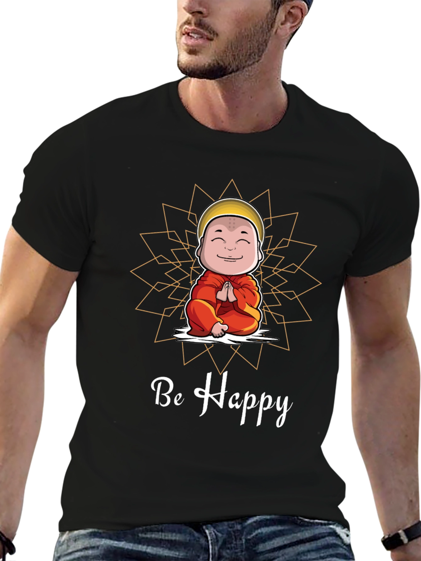 Be Happy Monk Graphic Tee -  Unisex Black T-Shirt