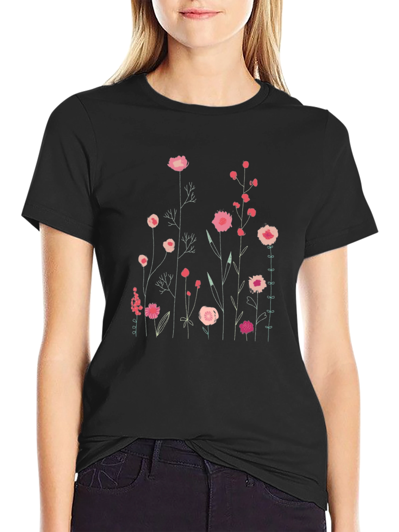 Floral Print Mens Black T-Shirt