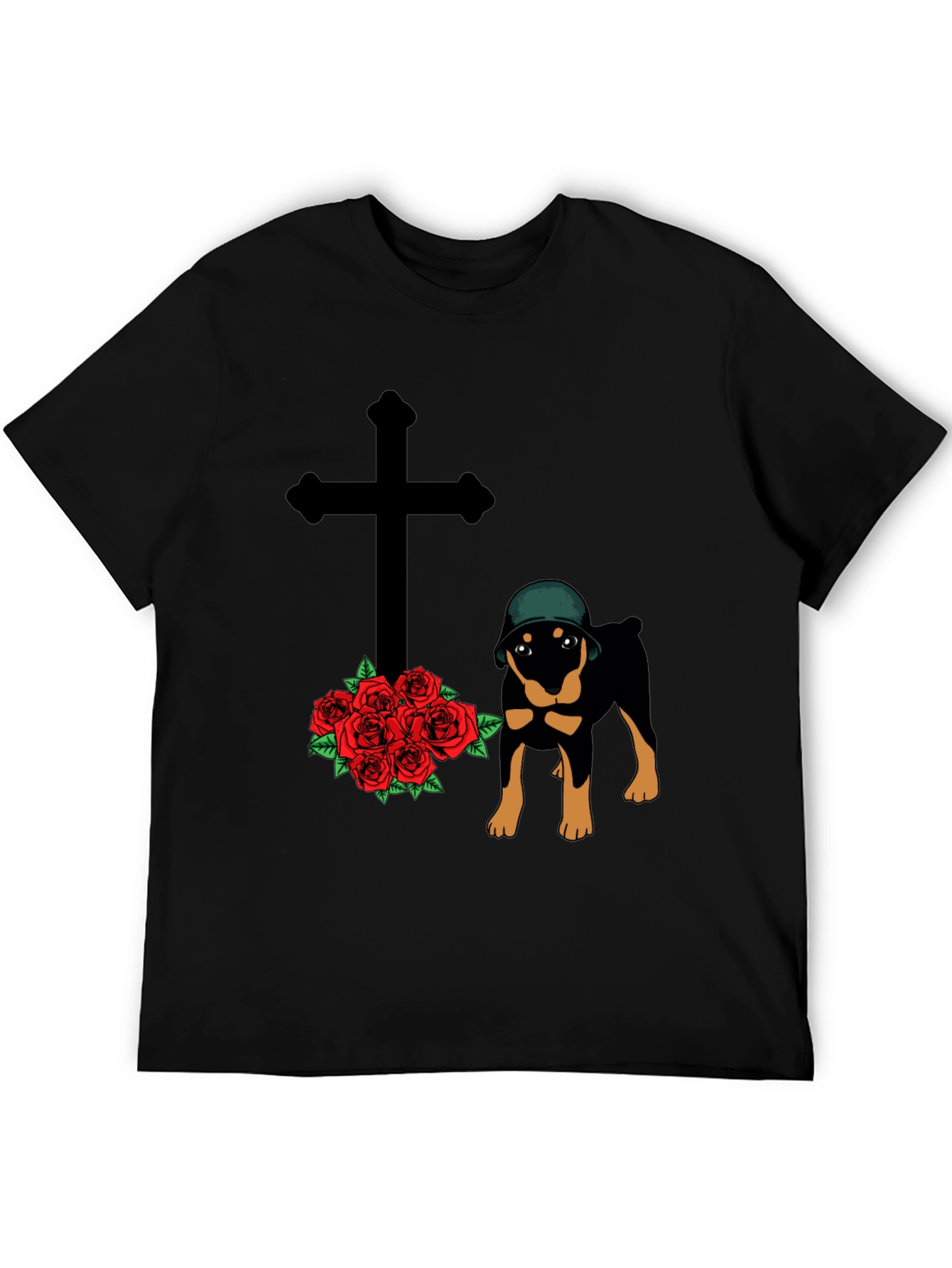 Rottweiler Dog T-Shirt with Cross and Roses Graphic