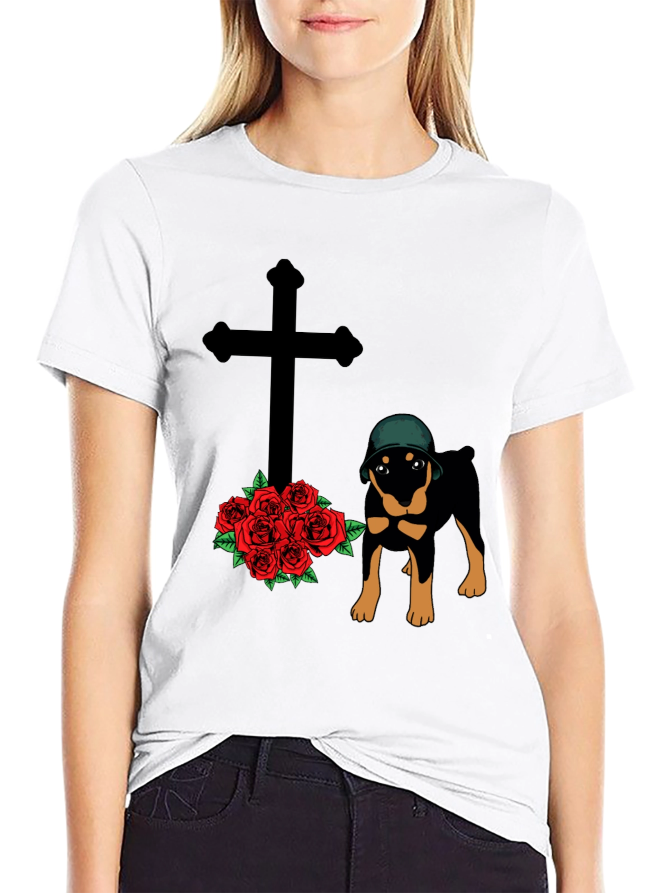Rottweiler Dog T-Shirt with Cross and Roses Graphic