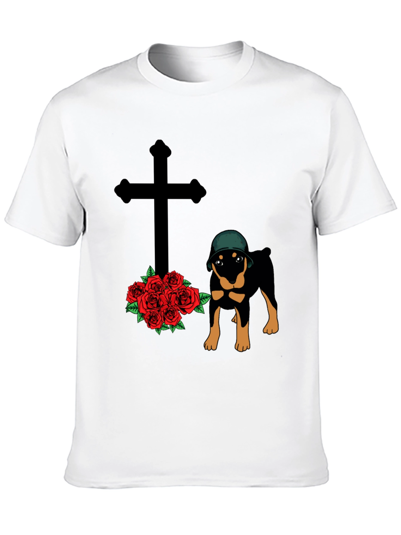 Rottweiler Dog T-Shirt with Cross and Roses Graphic