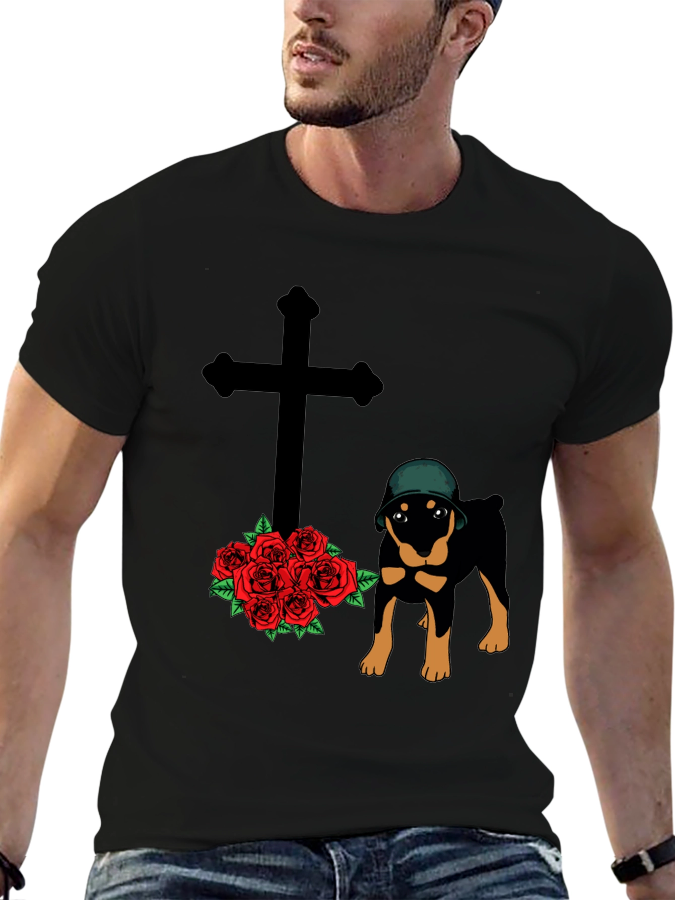 Rottweiler Dog T-Shirt with Cross and Roses Graphic