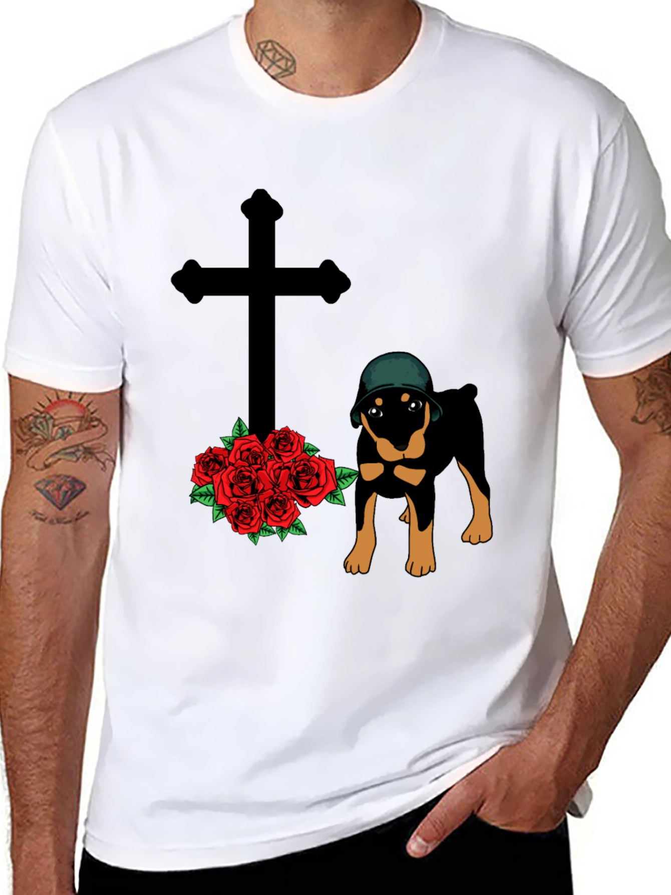 Rottweiler Dog T-Shirt with Cross and Roses Graphic