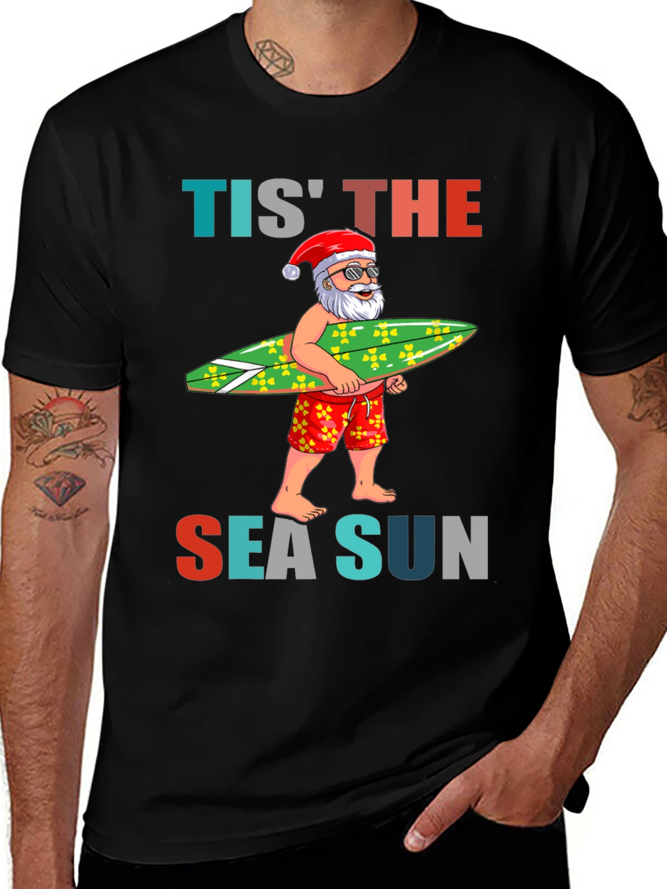 Tis The Sea Sun Santa Surfer T-Shirt
