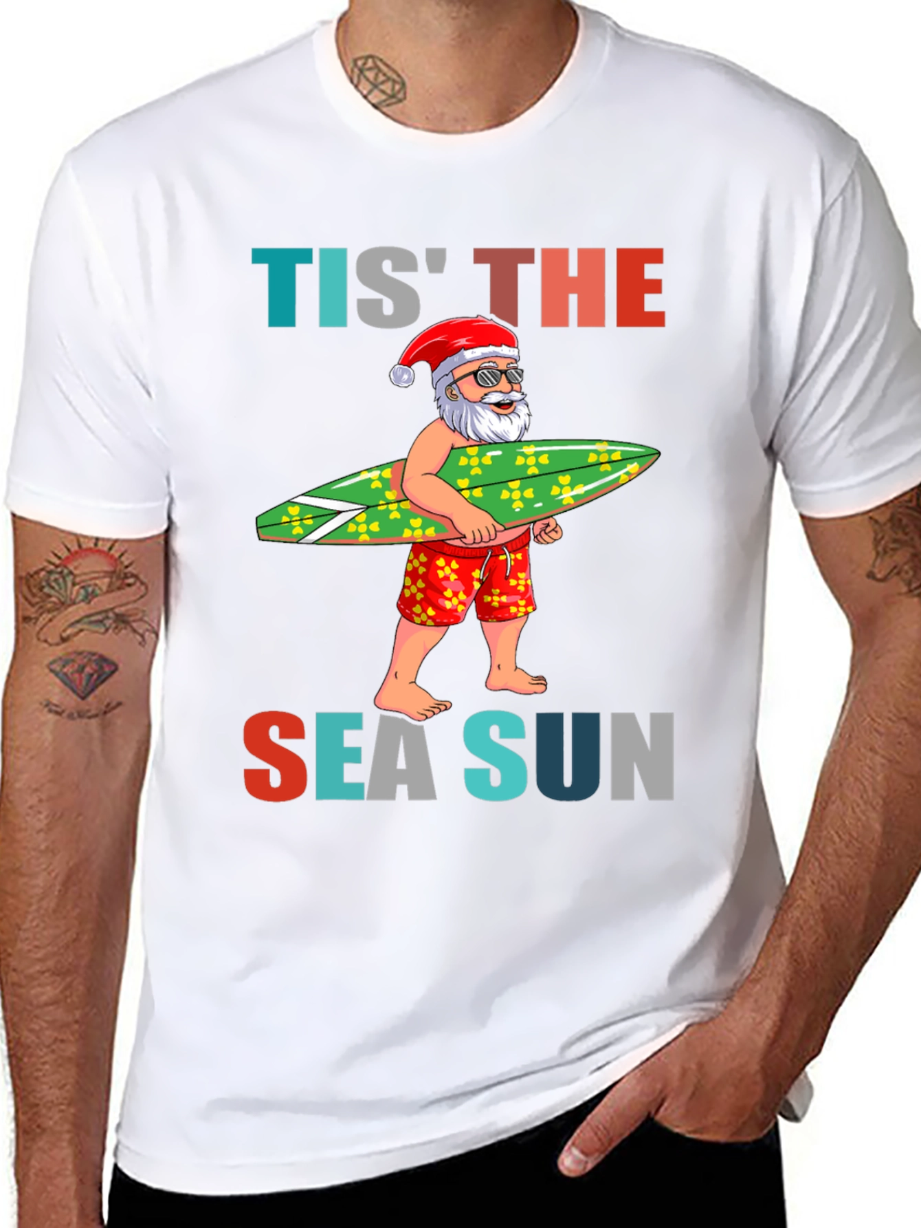 Tis The Sea Sun Santa Surfer T-Shirt