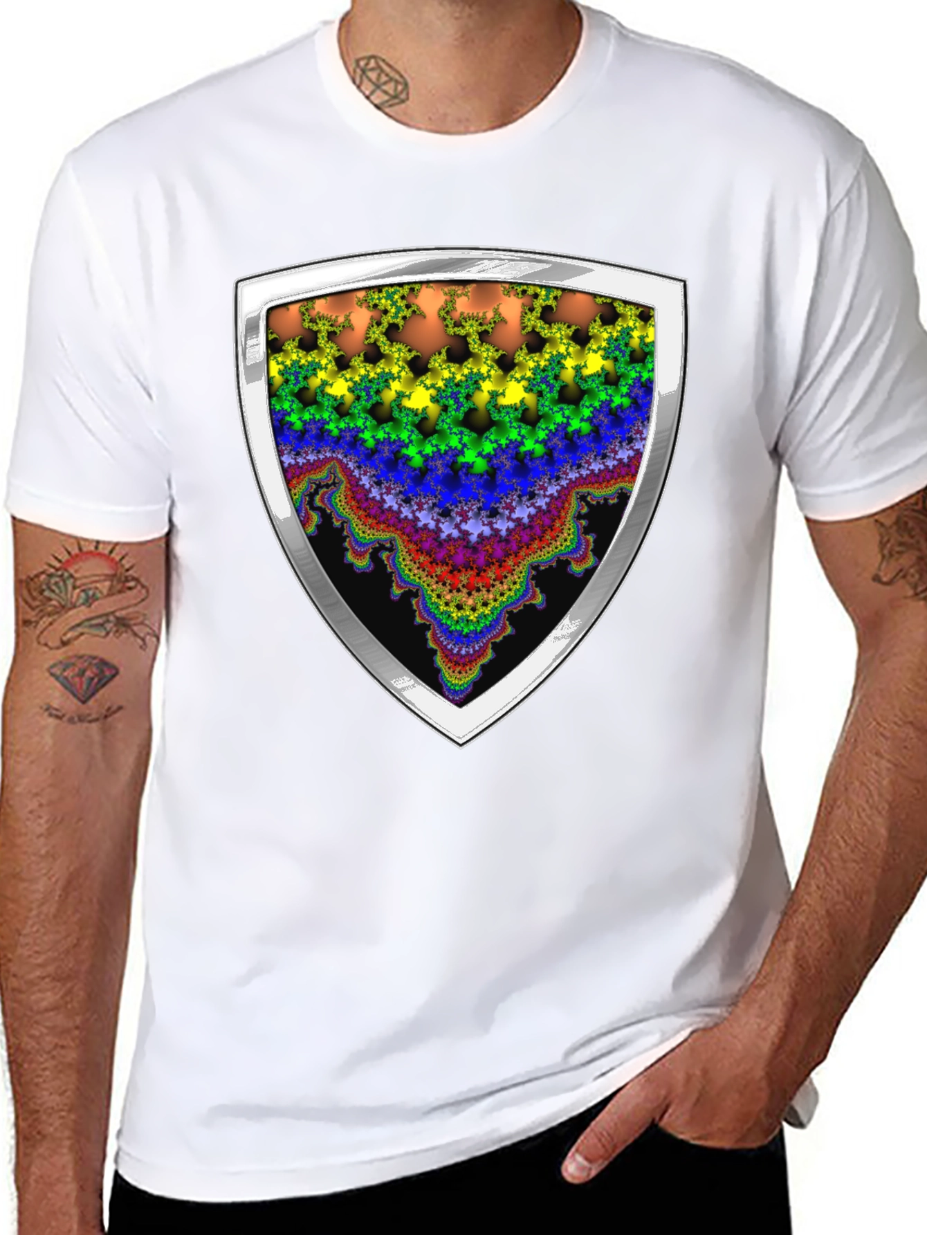 Fractal Shield Graphic Tee - Bold & Vibrant Design