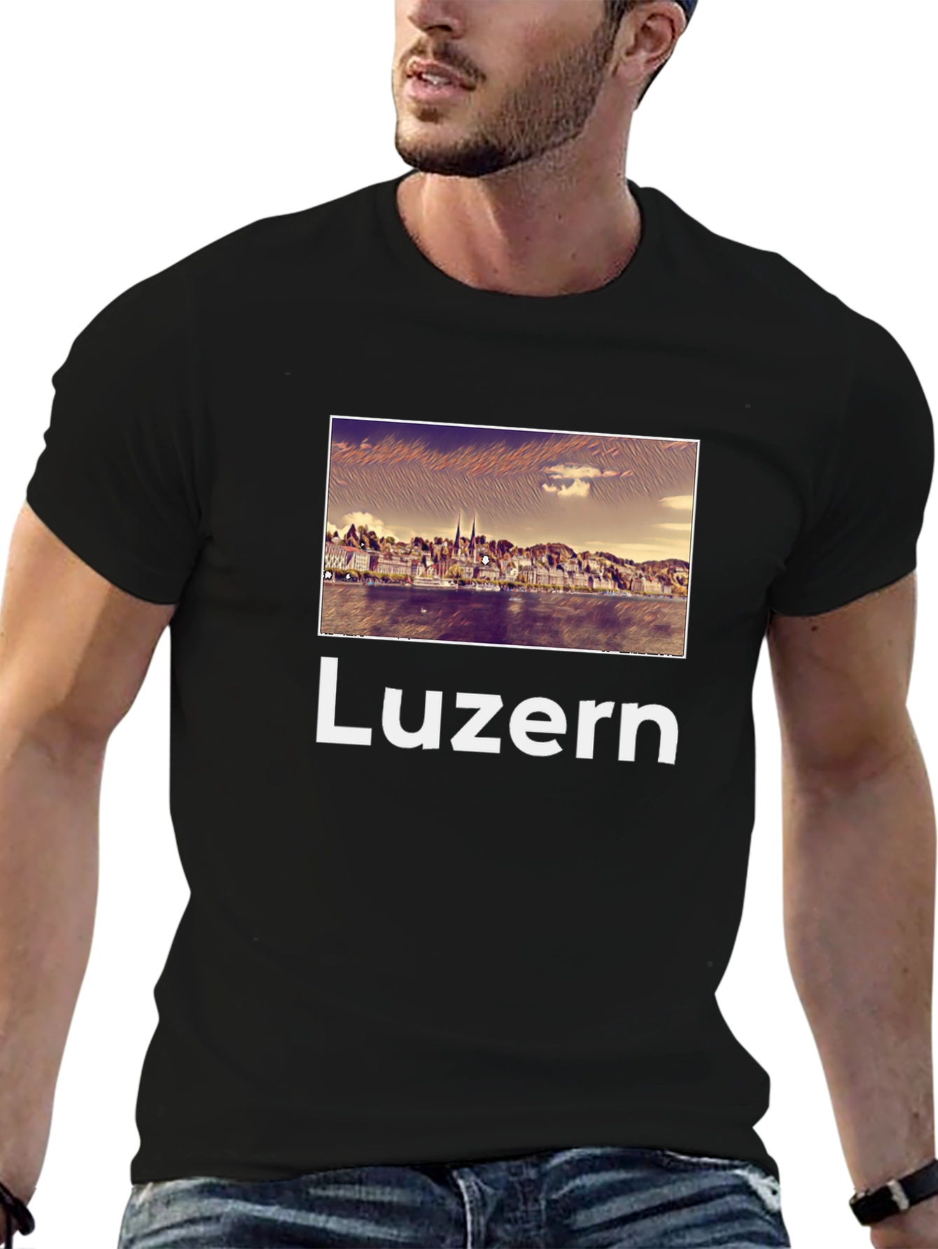 Luzern Cityscape Graphic Tee - Black Cotton T-Shirt