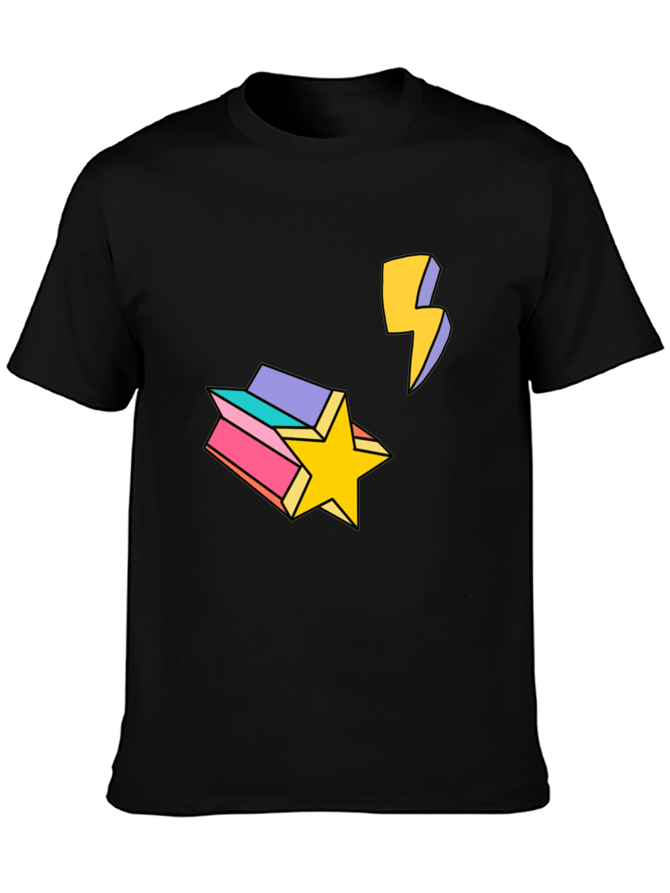 Retro Star & Lightning Bolt Graphic Tee - Black