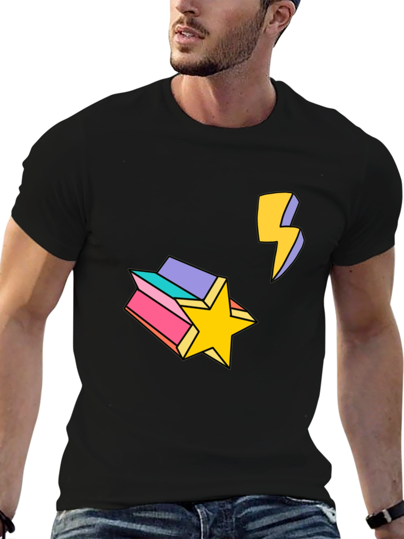 Retro Star & Lightning Bolt Graphic Tee - Black