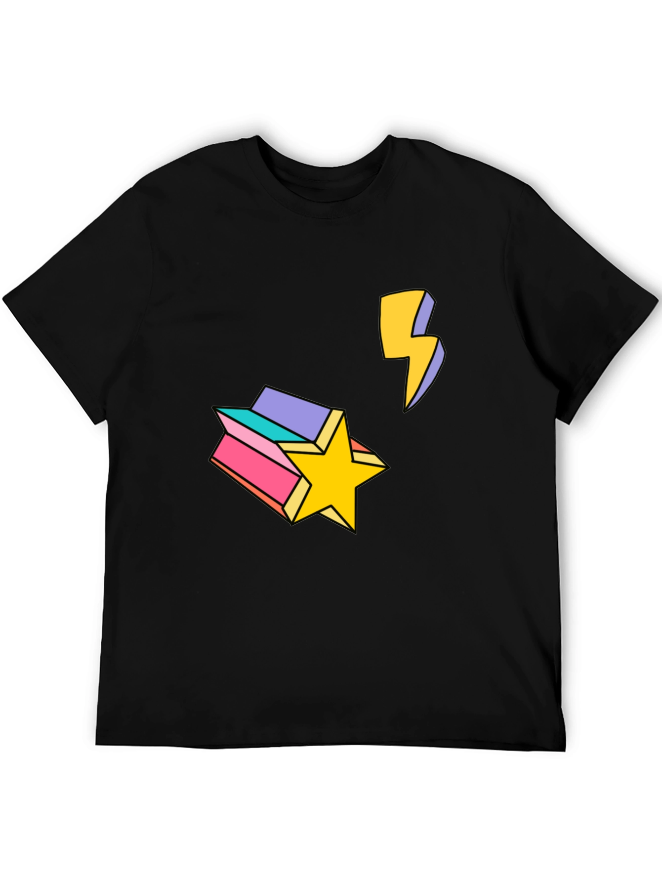 Retro Star & Lightning Bolt Graphic Tee - Black