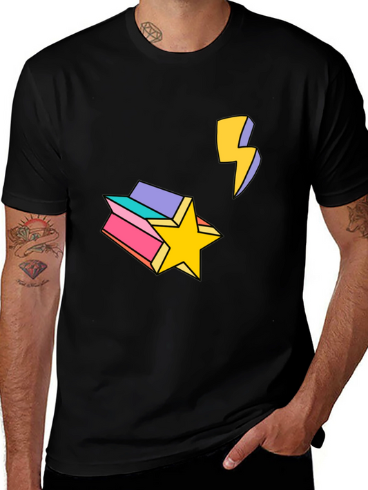 Retro Star & Lightning Bolt Graphic Tee - Black