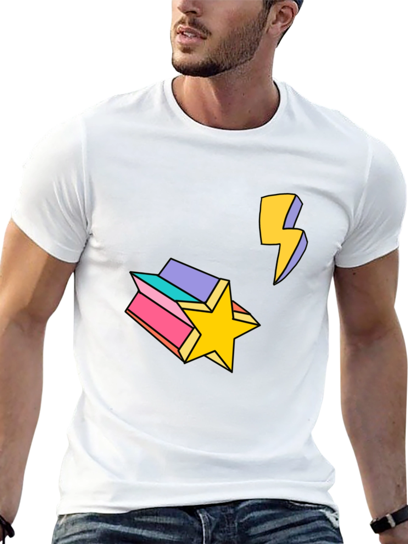 Retro Star & Lightning Bolt Graphic Tee - Black