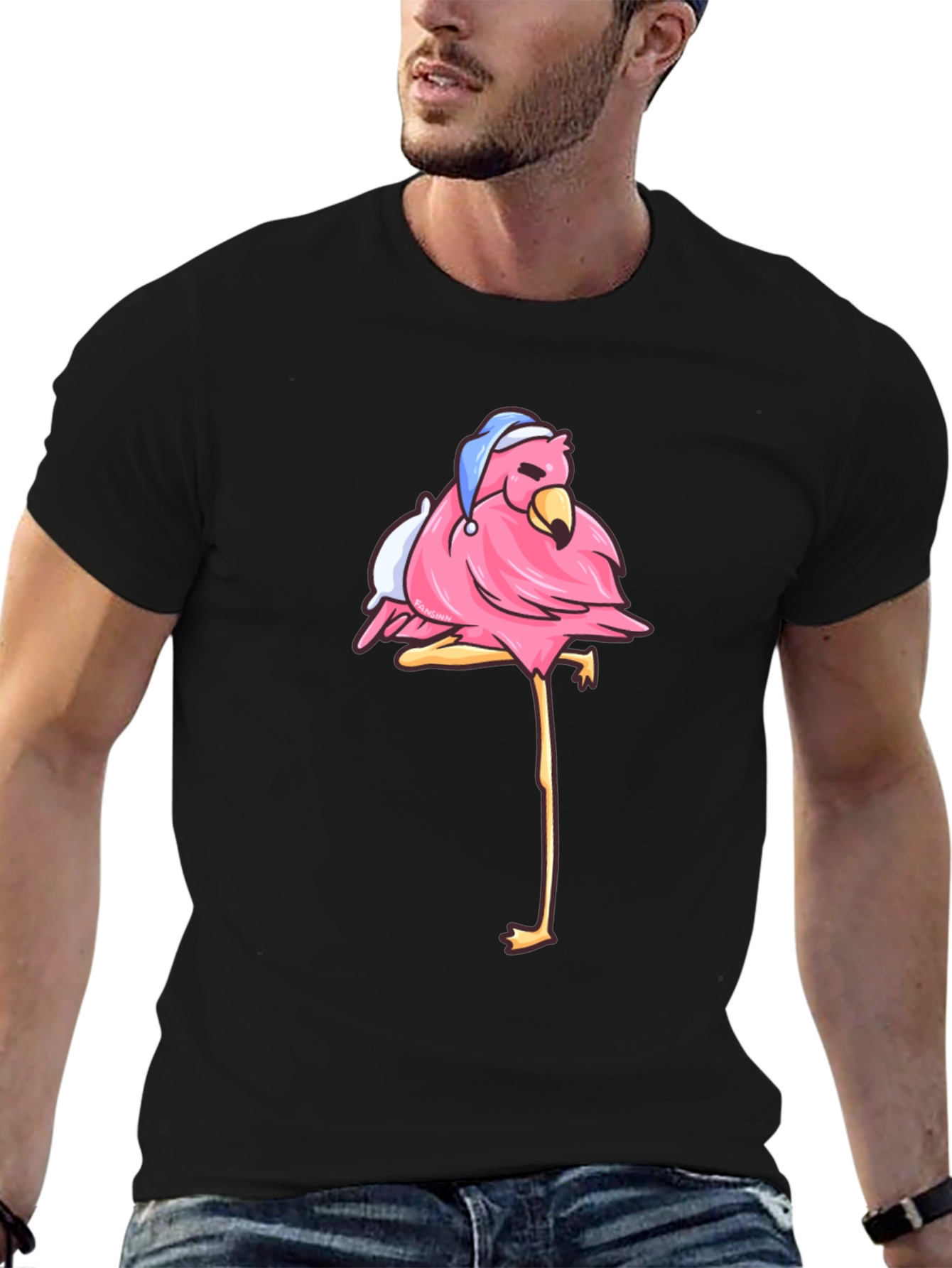 Flamingo Black T-Shirt with Sleepy Bird Design
